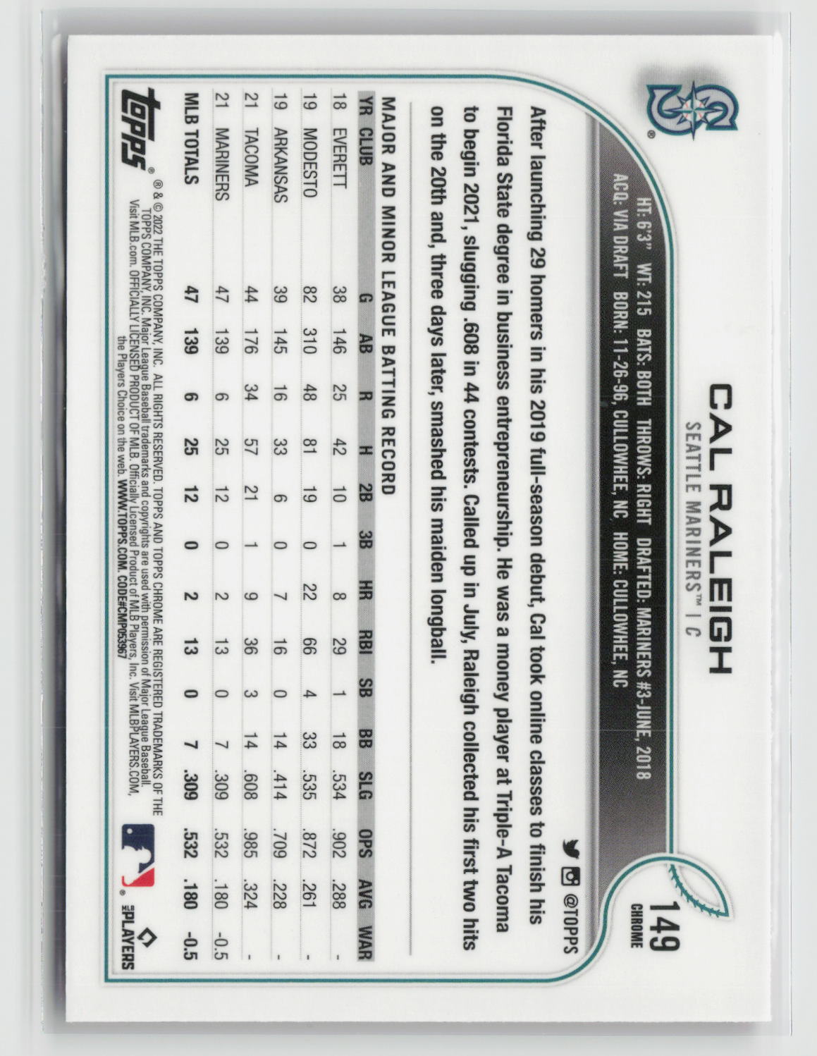 Cal Raleigh 2022 Topps Chrome Pink Refractor #149
