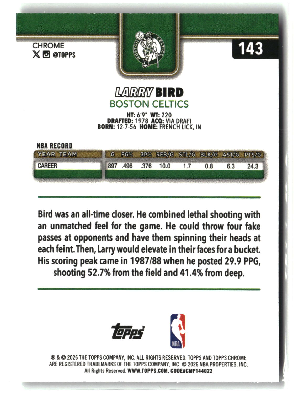 Larry Bird 2025-26 Topps Chrome Update Prism Refractor #143