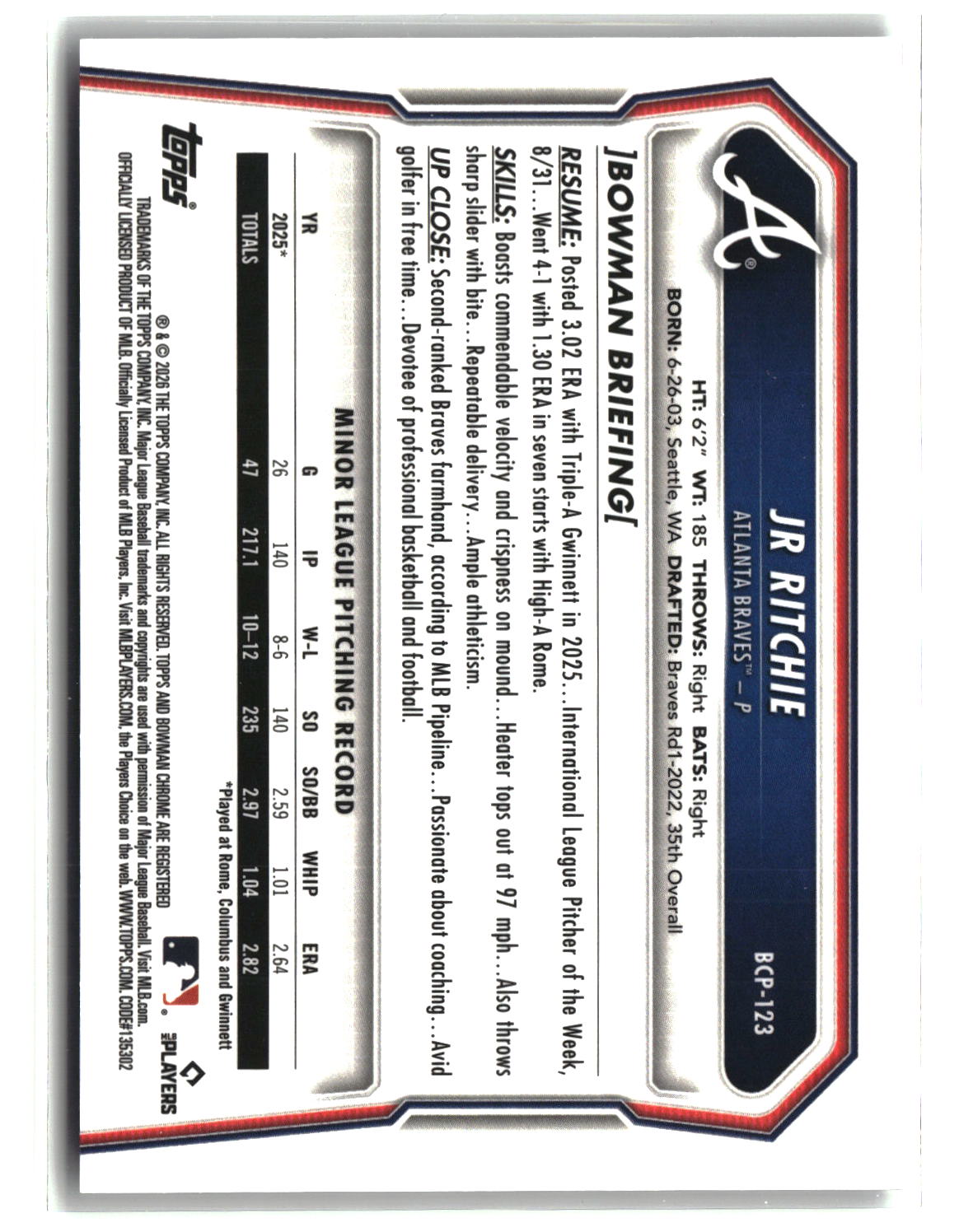 JR Ritchie 2026 Bowman Chrome Prospects Reptilian Refractor #BCP-123