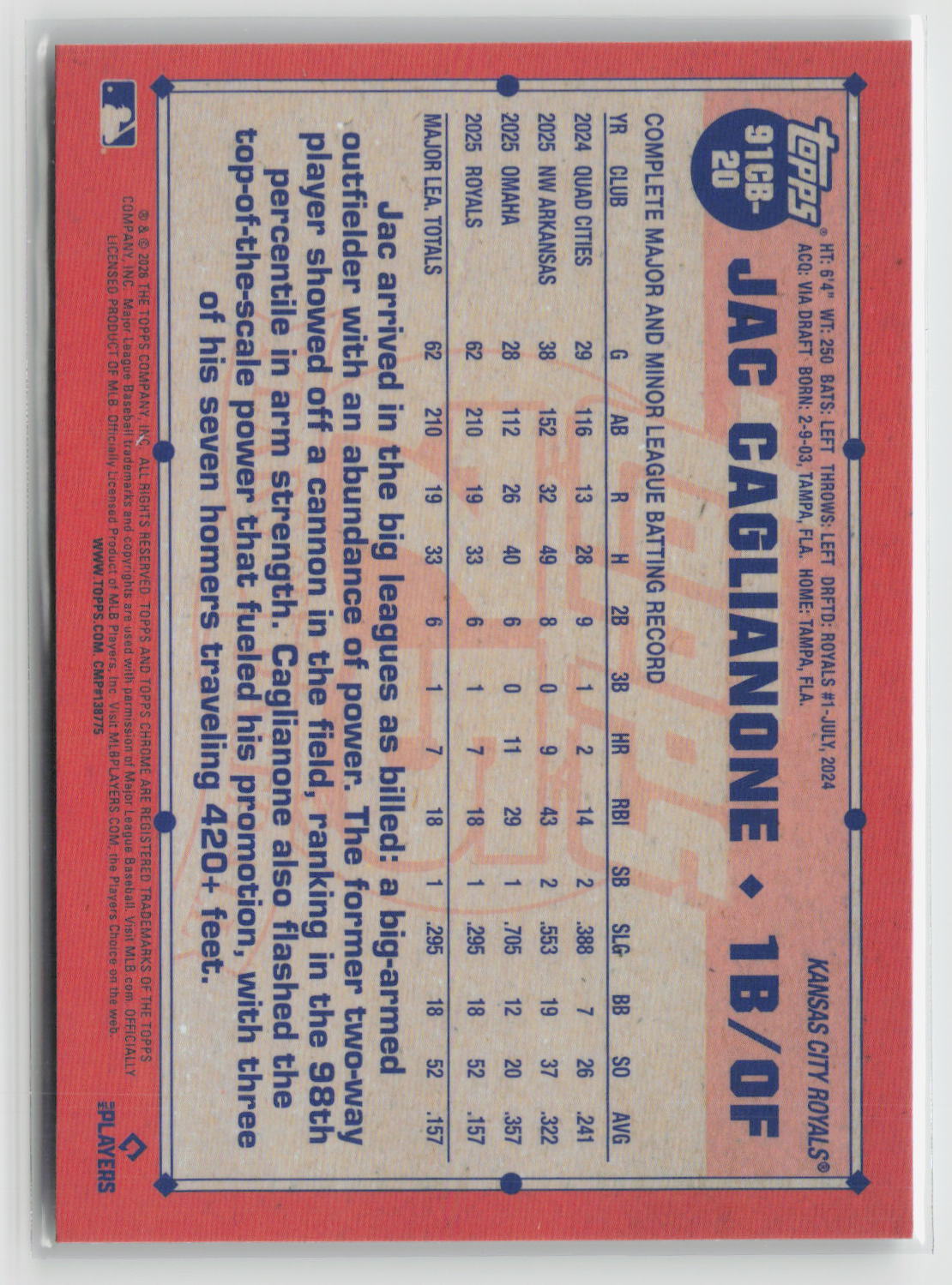 Jac Caglianone 2026 Topps Chrome 1991 Topps Baseball 35th Anniversary #91CB-20
