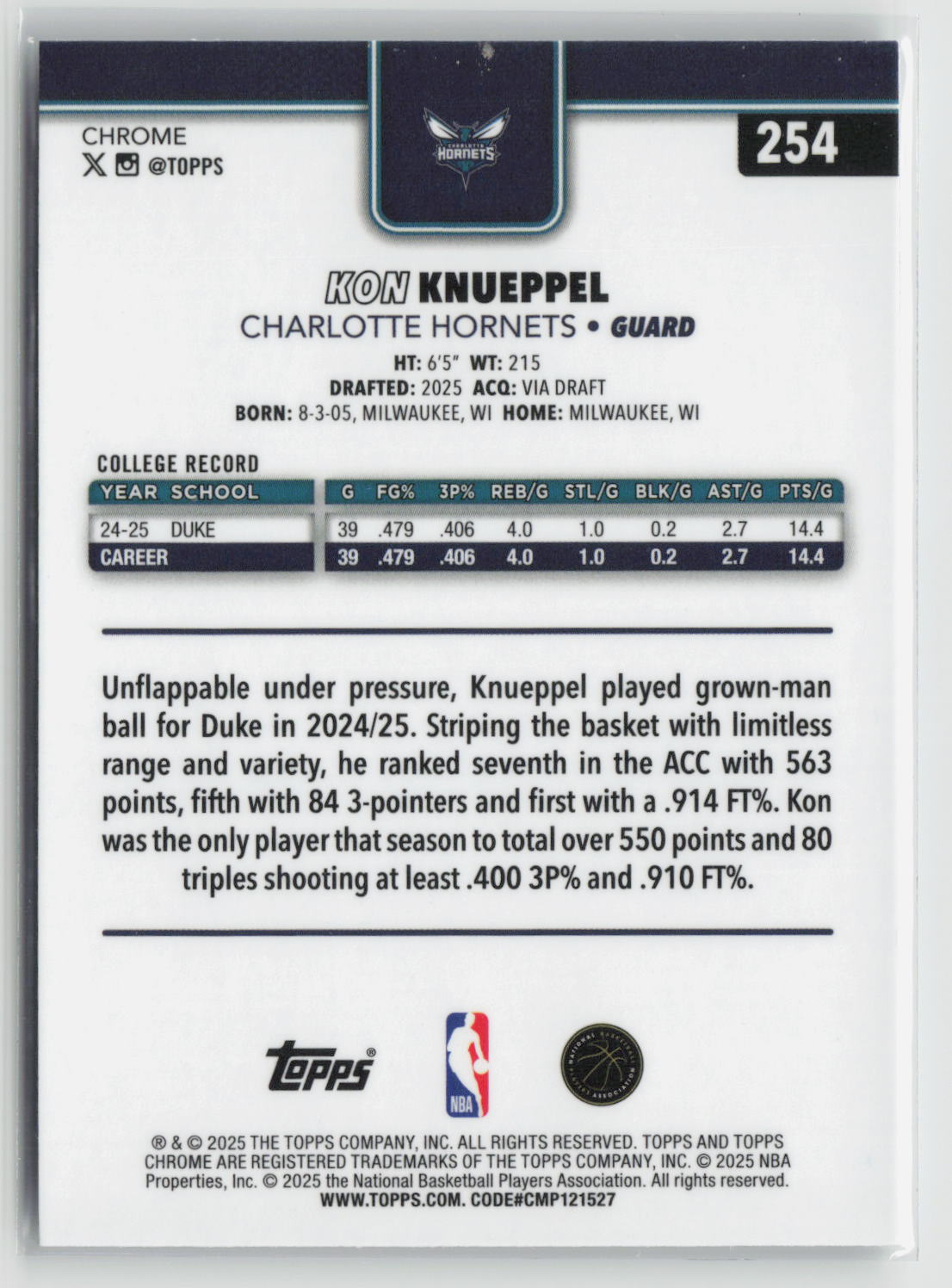 Kon Knueppel 2025-26 Topps Chrome #254