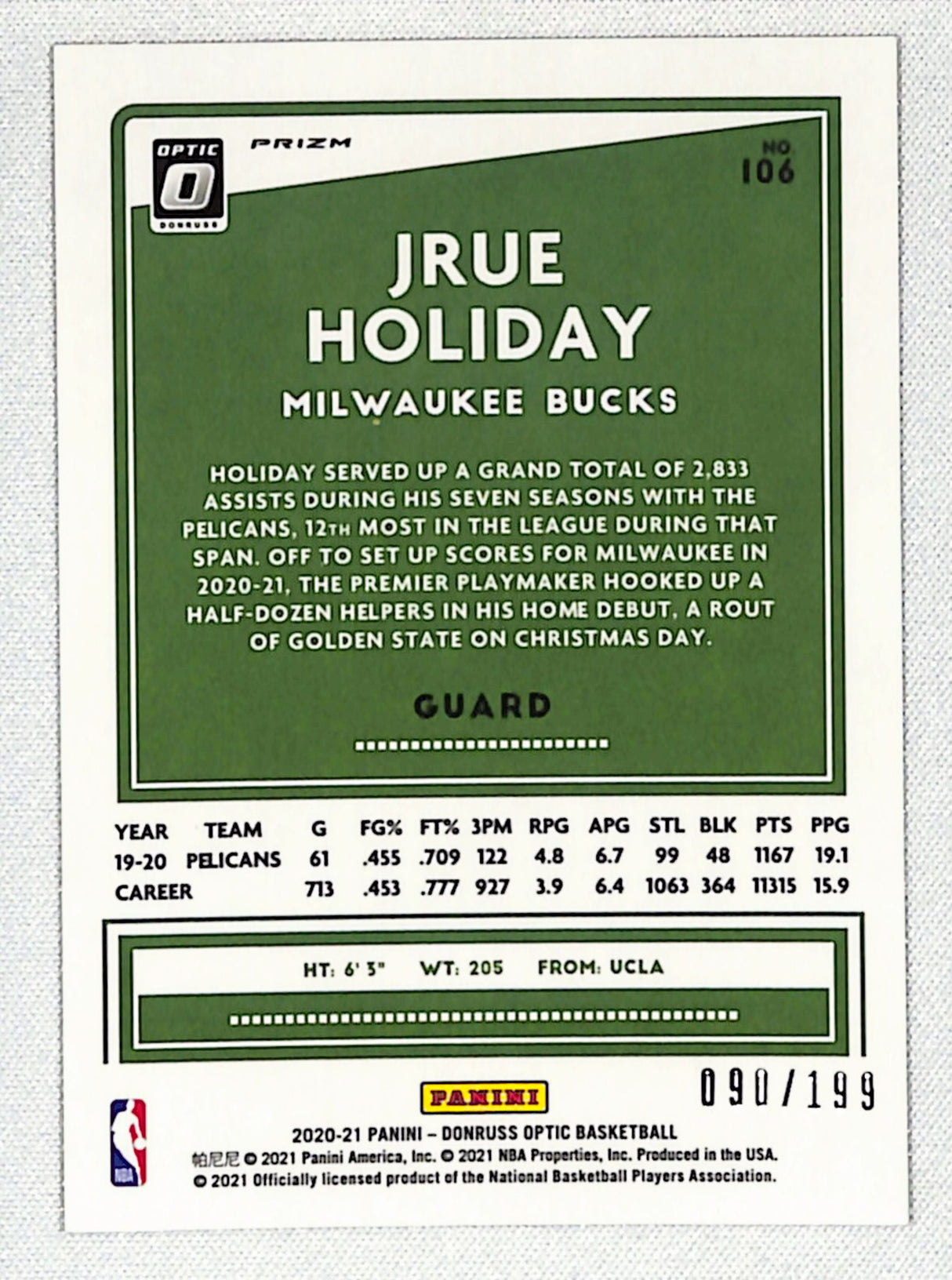 Jrue Holiday 2020-21 Donruss Optic Orange #106 #/199