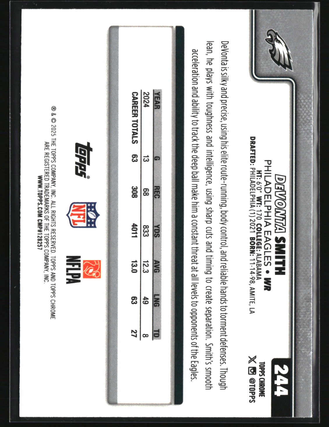 DeVonta Smith 2025 Topps Chrome Pulsar Refractor #244