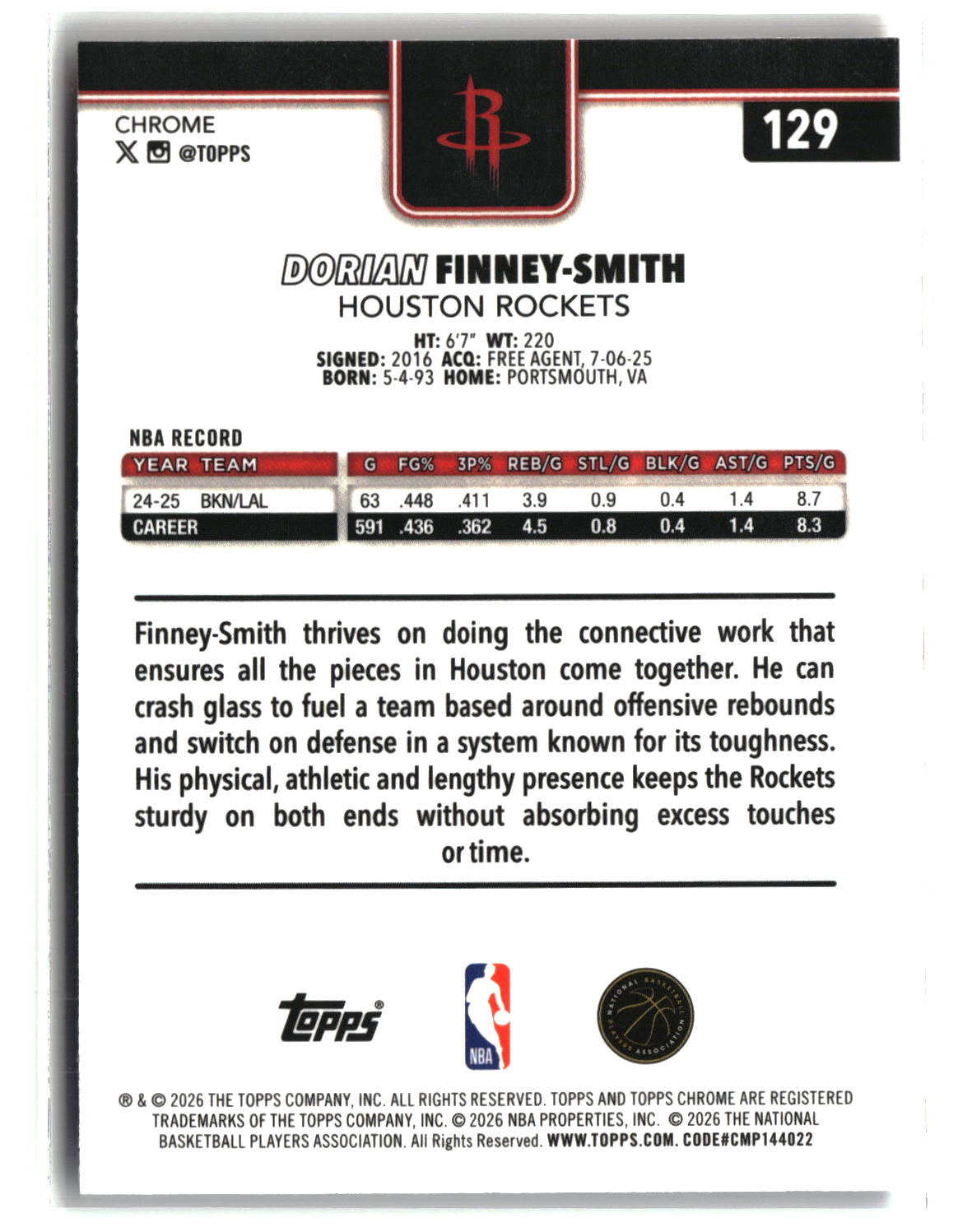 Dorian Finney-Smith 2025-26 Topps Chrome Update Red White and Blue Refractor 129