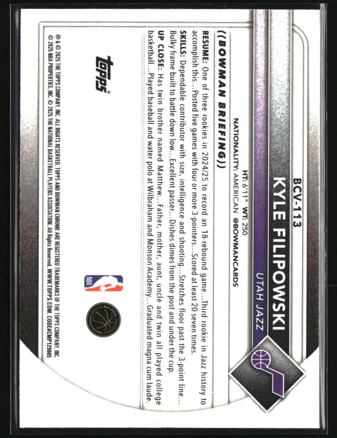 Kyle Filipowski 2025-26 Bowman Chrome Reptilian Refractor #BCV-113