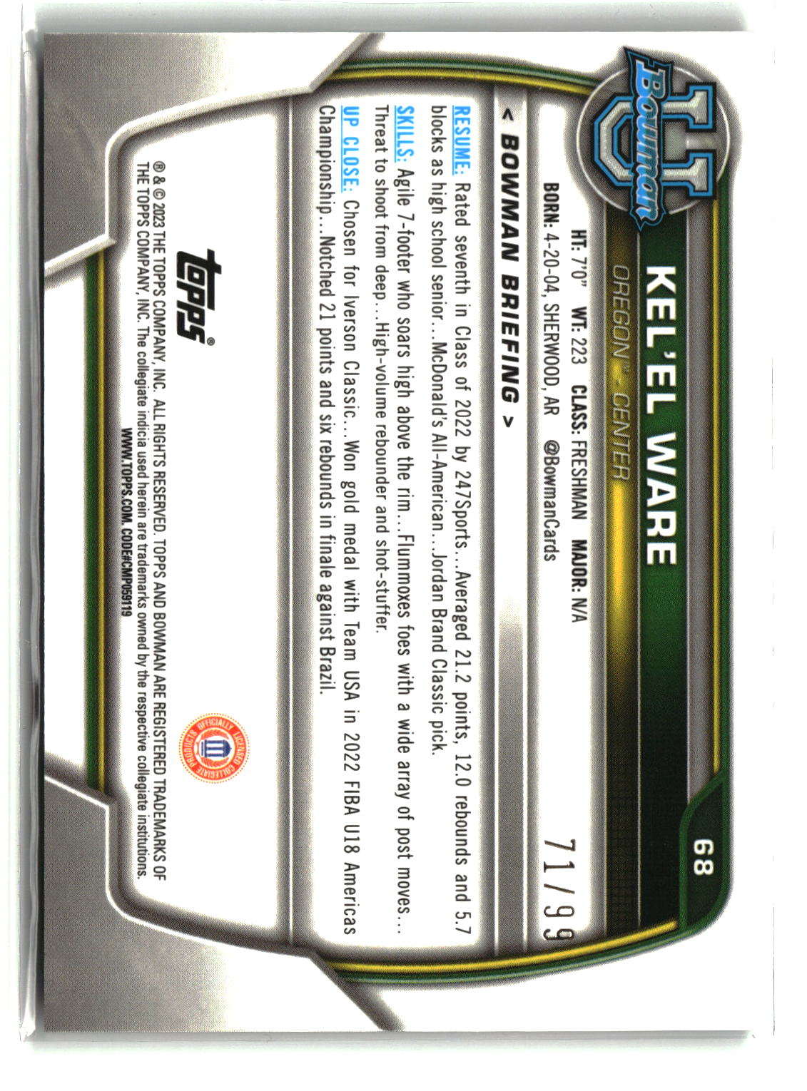 Kel'el Ware 2022-23 Bowman University Chrome Green Shimmer #68 #/99