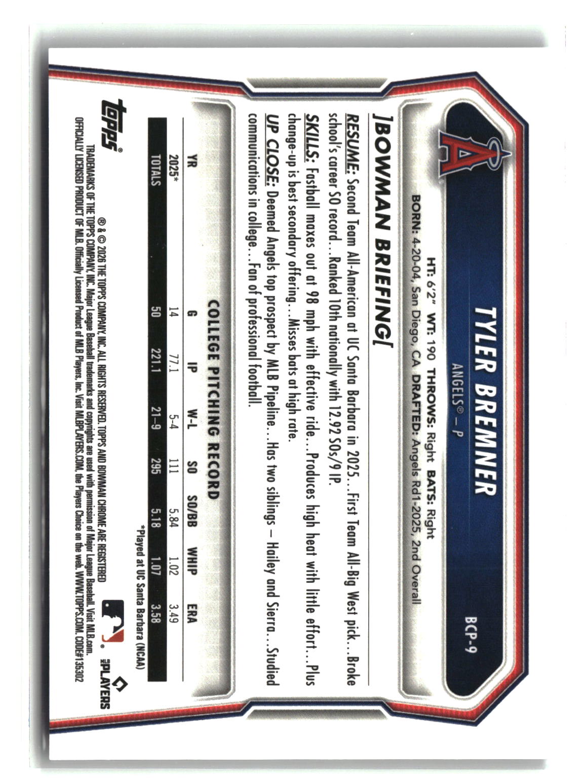 Tyler Bremner 2026 Bowman Chrome Prospects Reptilian Refractor #BCP-9