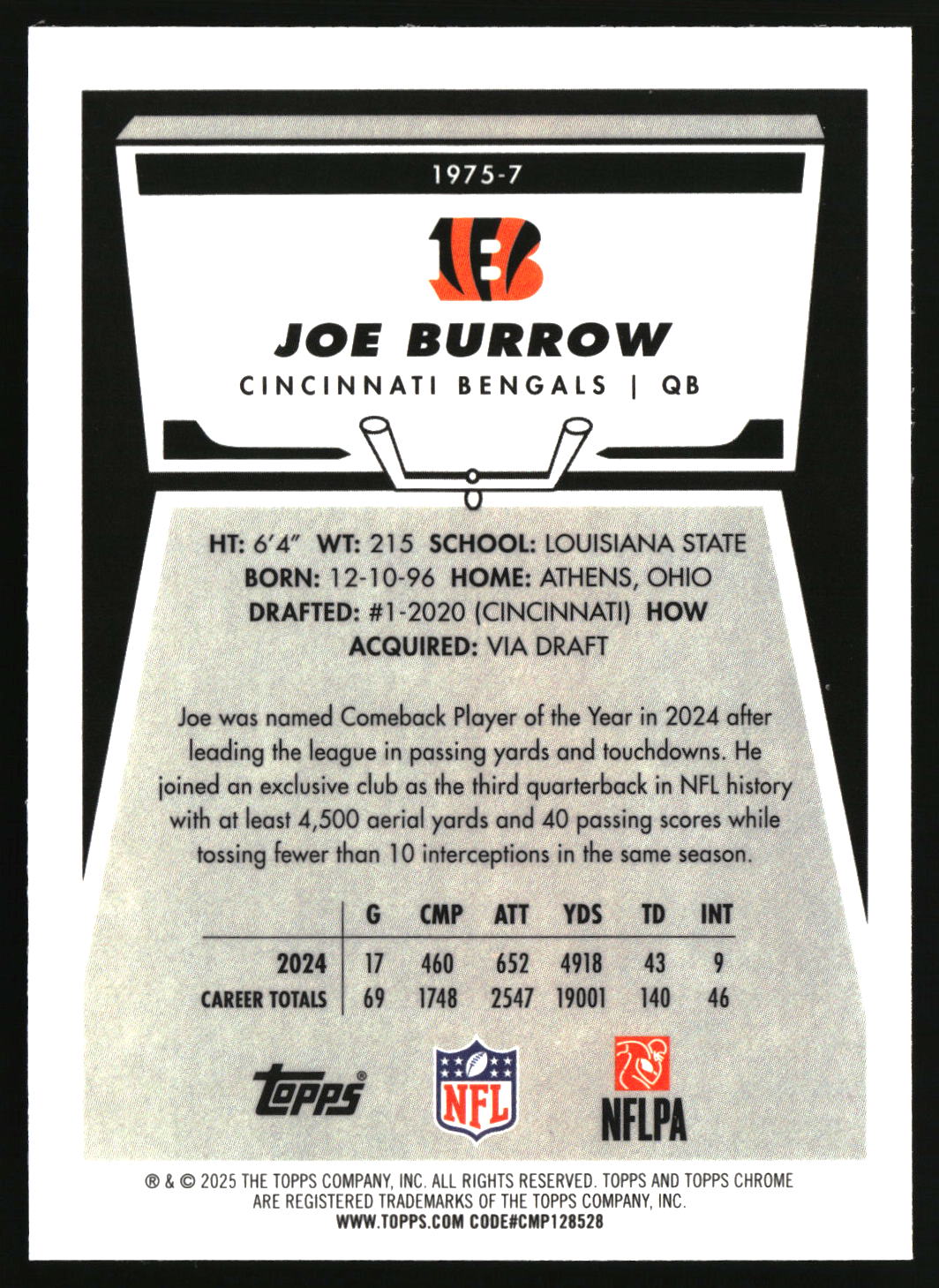 Joe Burrow 2025 Topps Chrome 1975 Topps #1975-7