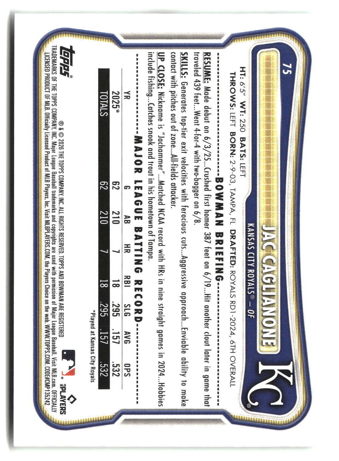 Jac Caglianone 2026 Bowman #75