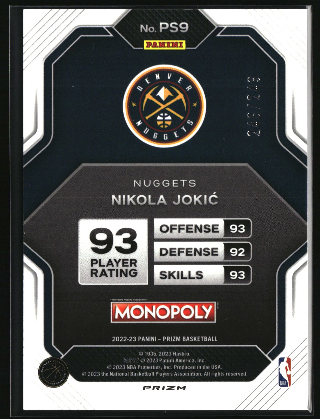 Nikola Jokic 2022-23 Panini Prizm Monopoly Prizm All-Stars Brown #PS9 #/249