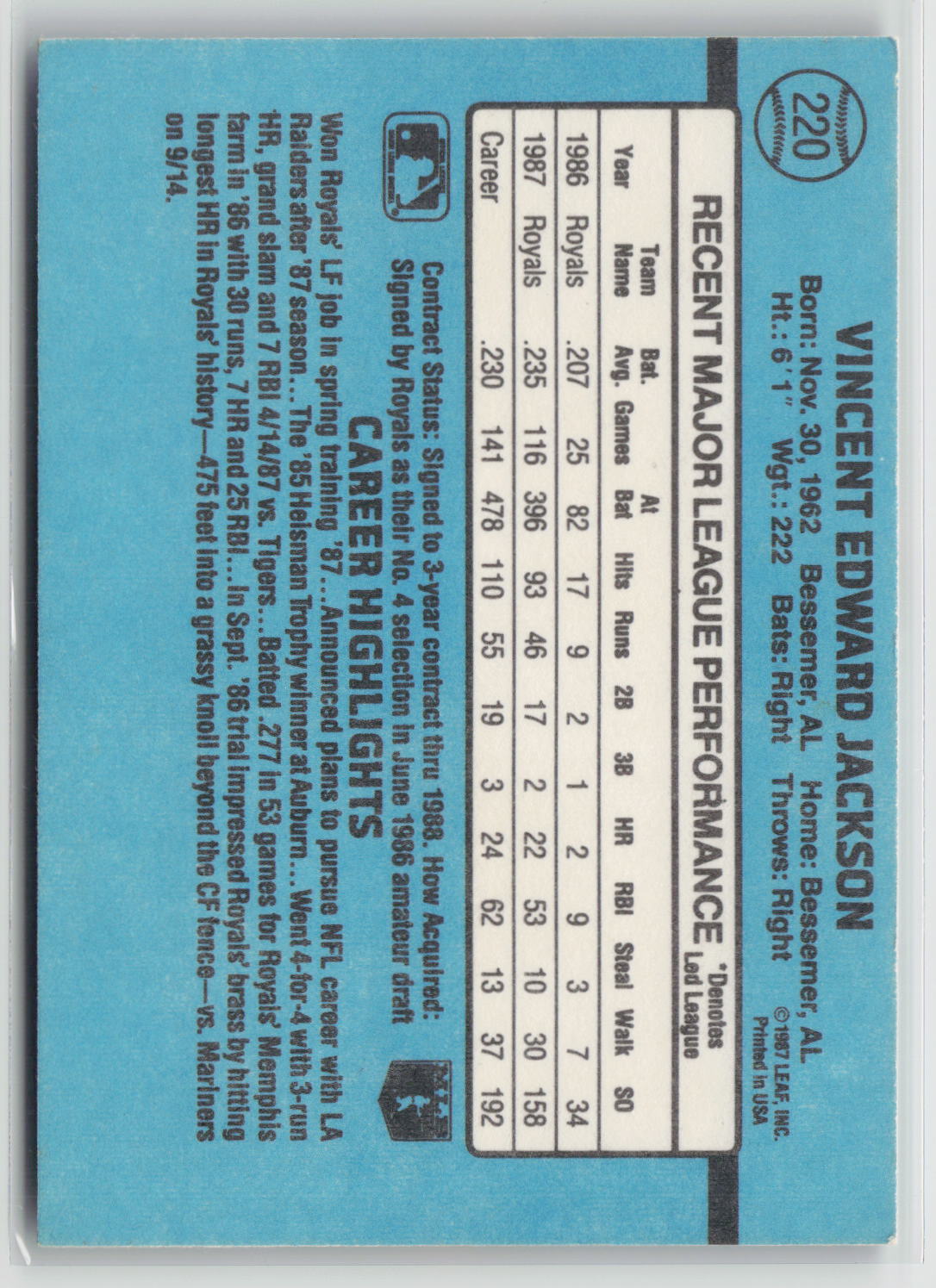 Bo Jackson 1988 Donruss #220