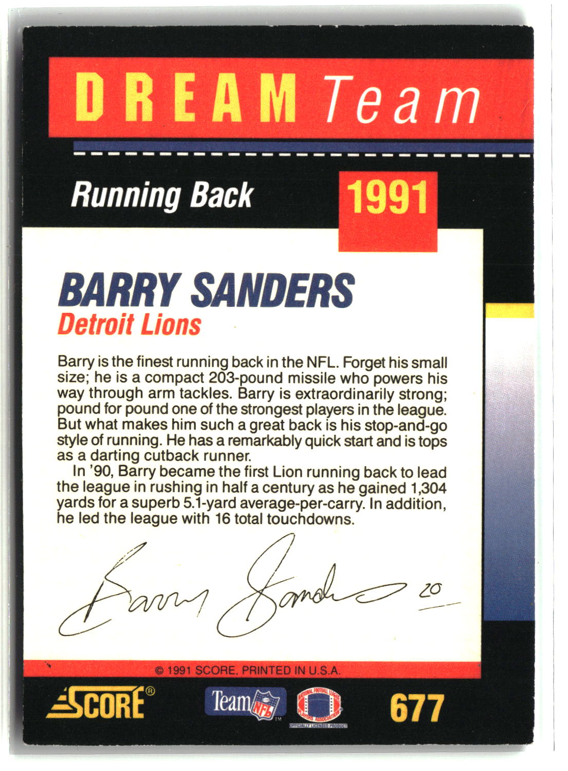 Barry Sanders 1991 Score Dream Team Autographs #677