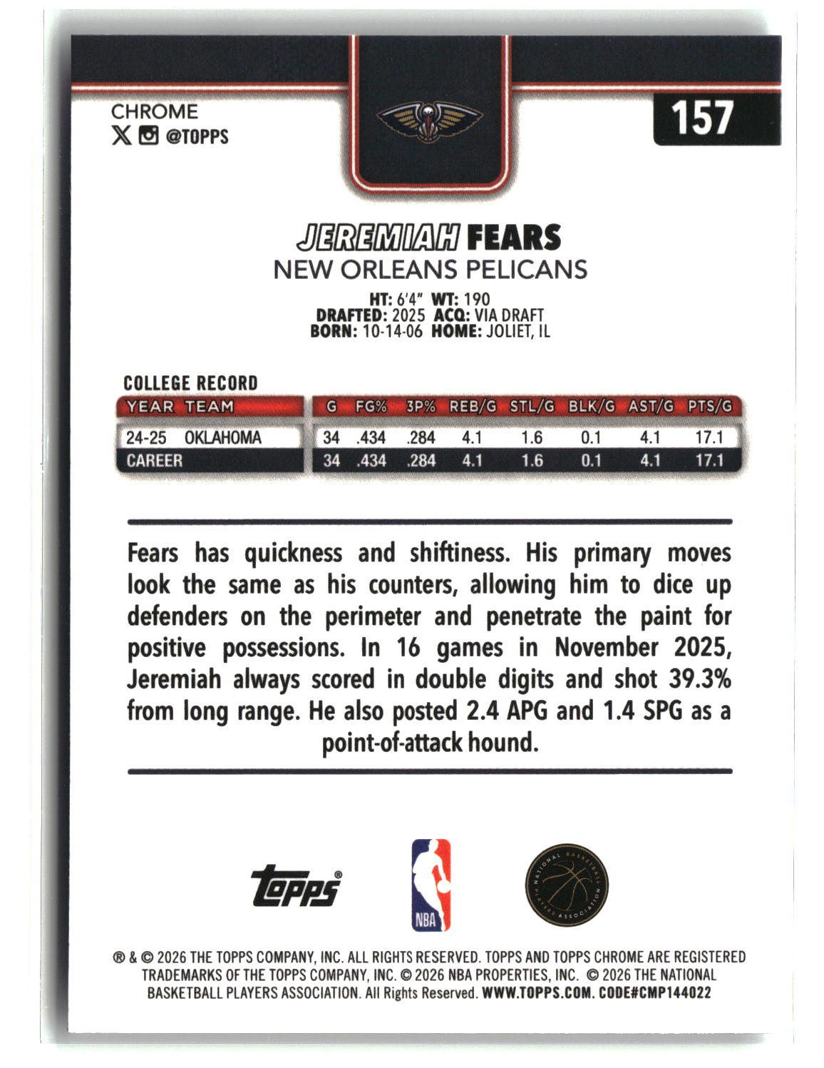 Jeremiah Fears 2025-26 Topps Chrome Update #157