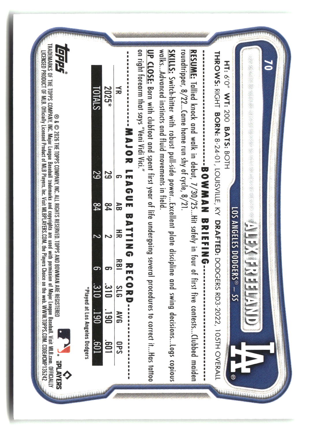Alex Freeland 2026 Bowman #70