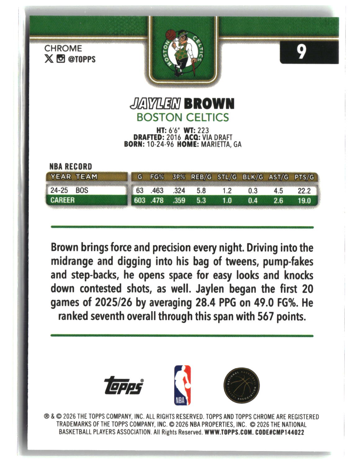 Jaylen Brown 2025-26 Topps Chrome Update Refractor #9