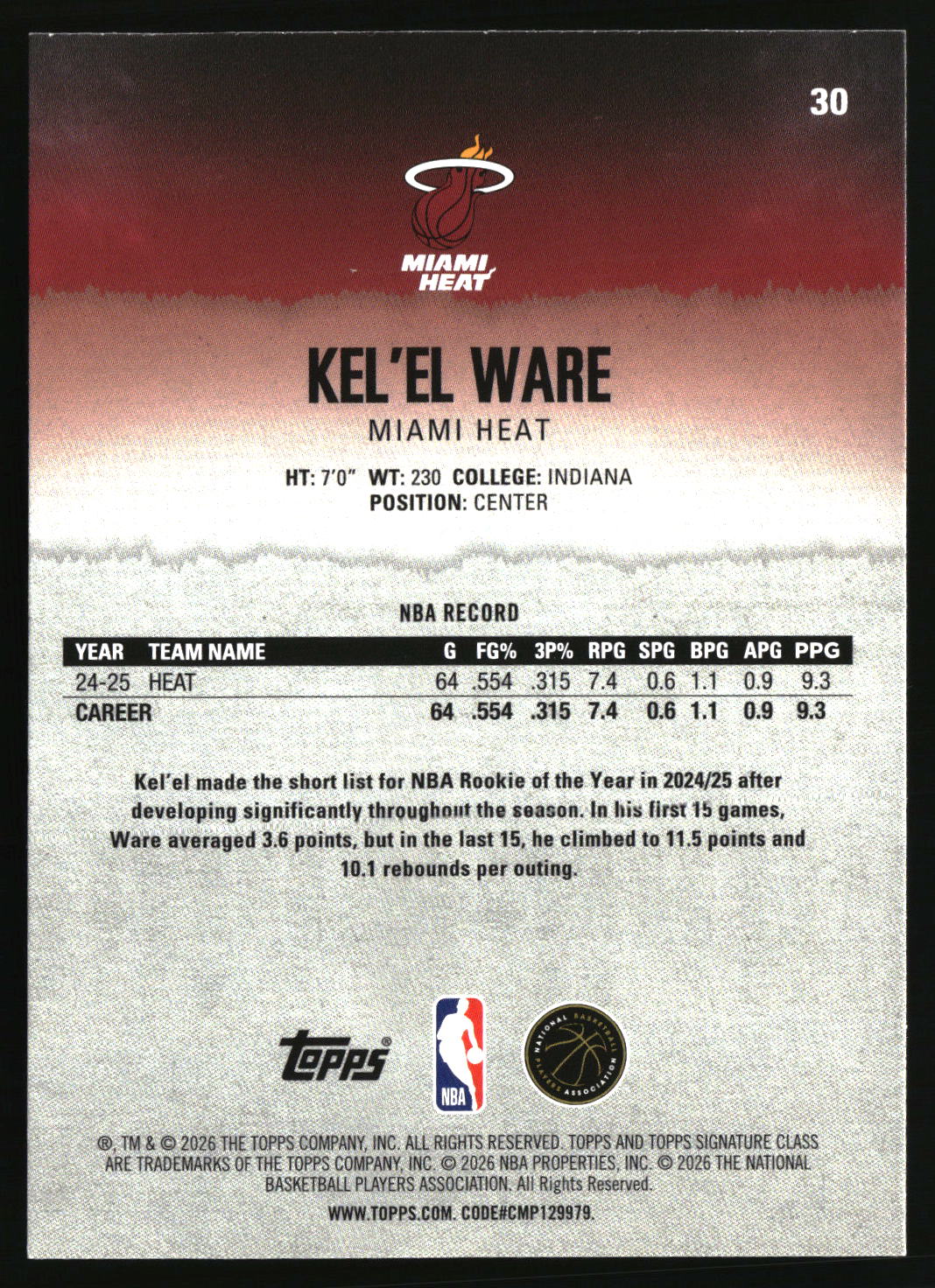 Kel'el Ware 2025-26 Topps Signature Class #30