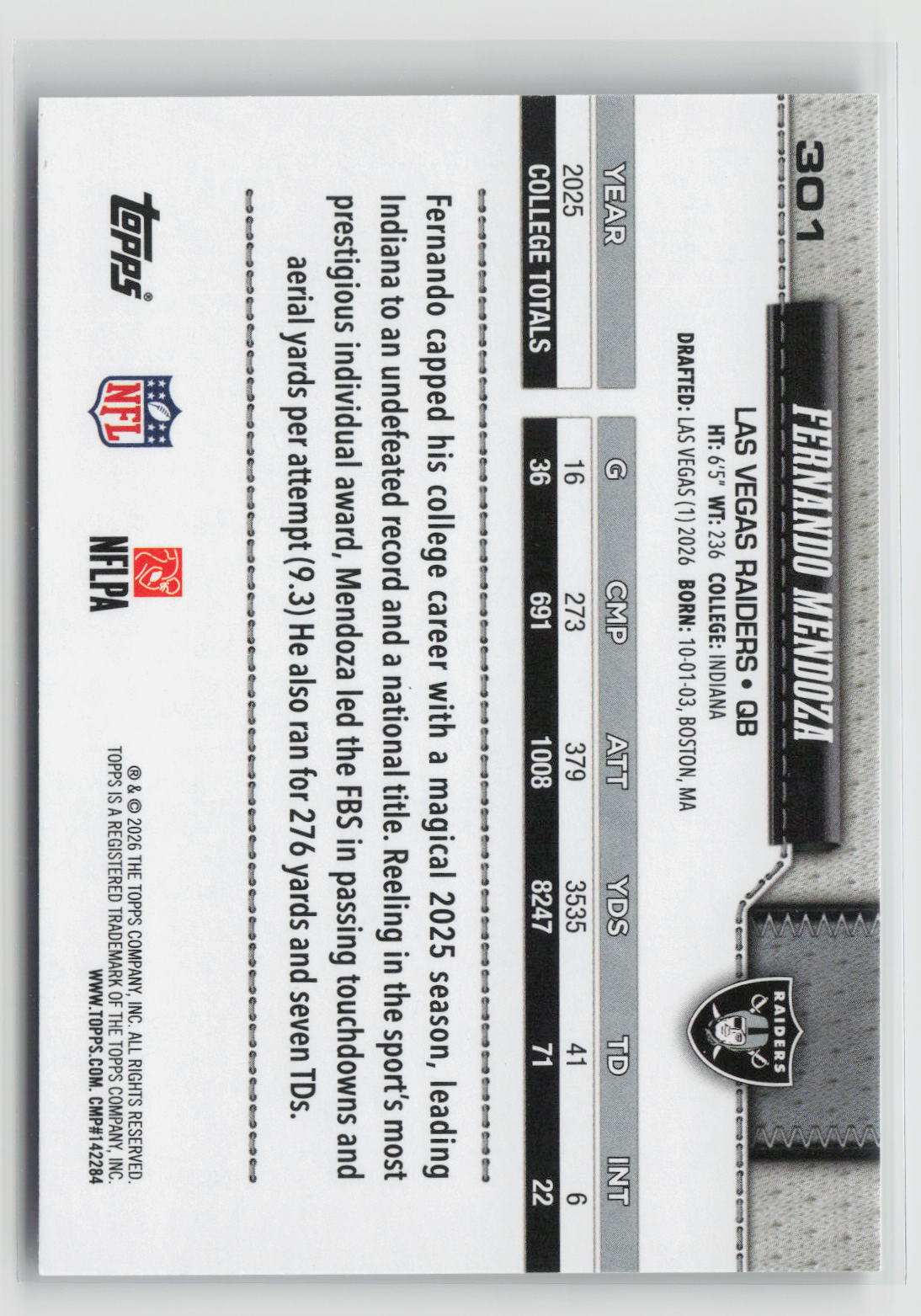 Fernando Mendoza 2026 Topps Flagship #301
