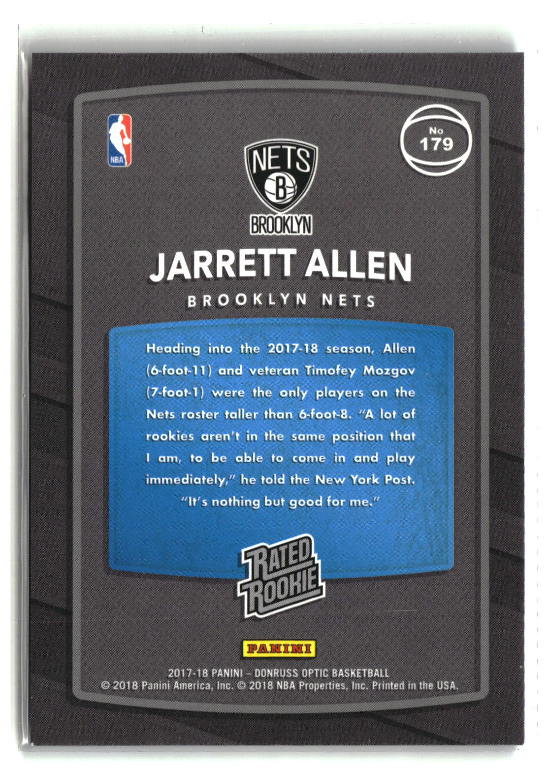 Jarrett Allen 2017-18 Donruss Optic Rated Rookie Shock #179