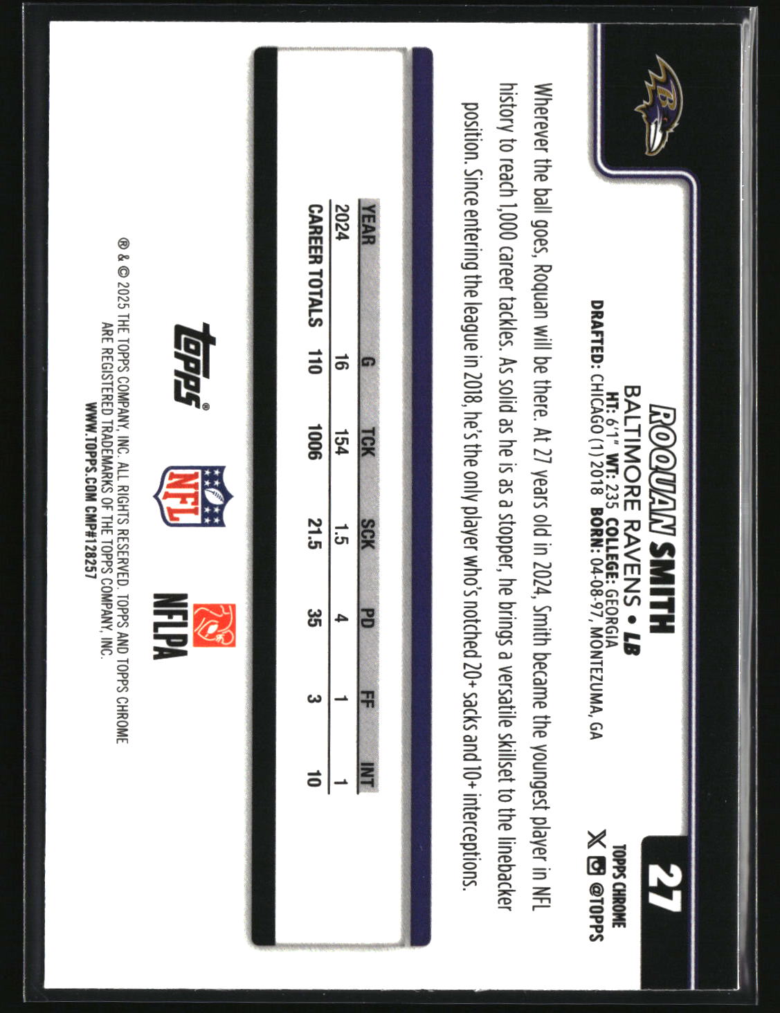 Roquan Smith 2025 Topps Chrome Ray Wave Refractor #27