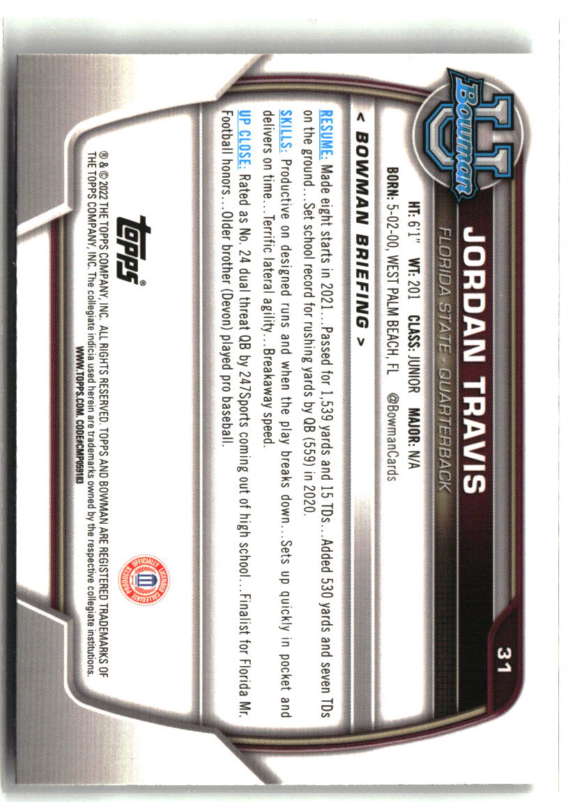 Jordan Travis 2022 Bowman University Chrome #31