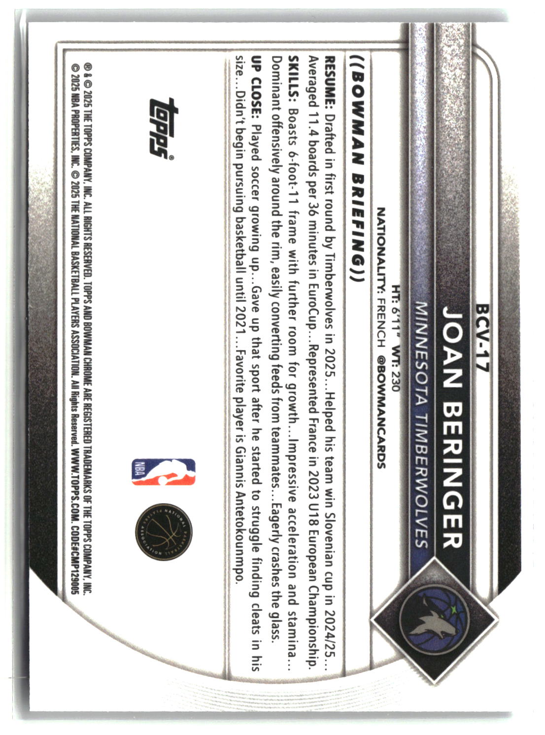 Joan Beringer 2025-26 Bowman Chrome Mojo Refractors #BCV-17