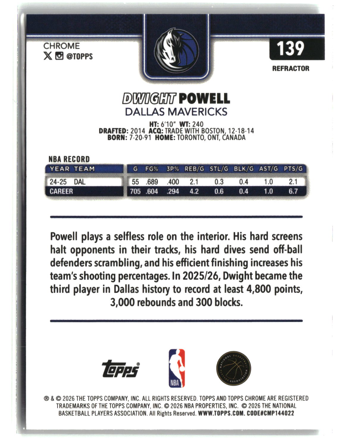 Dwight Powell 2025-26 Topps Chrome Update Refractor #139