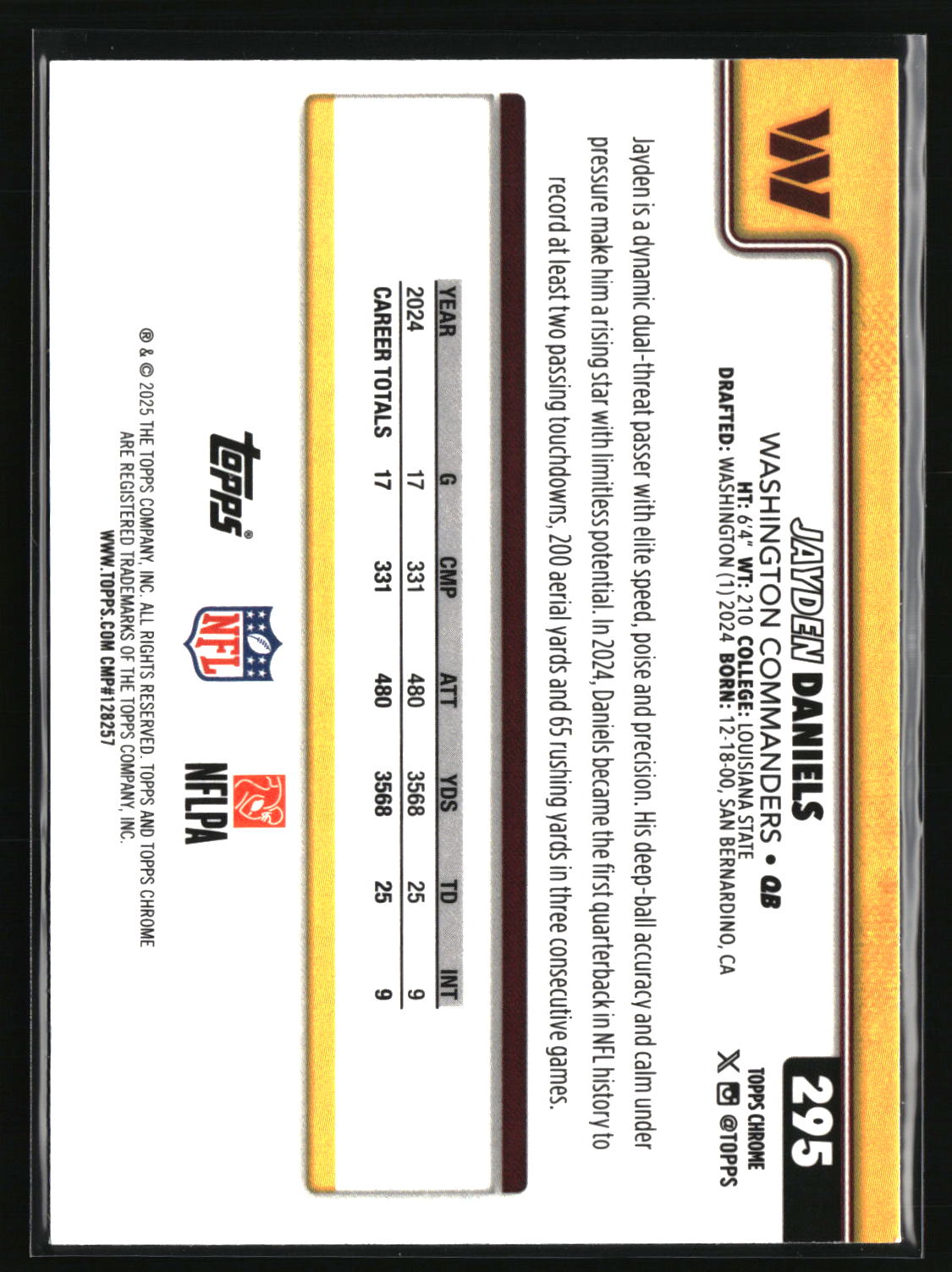 Jayden Daniels 2025 Topps Chrome Pulsar Refractor #295