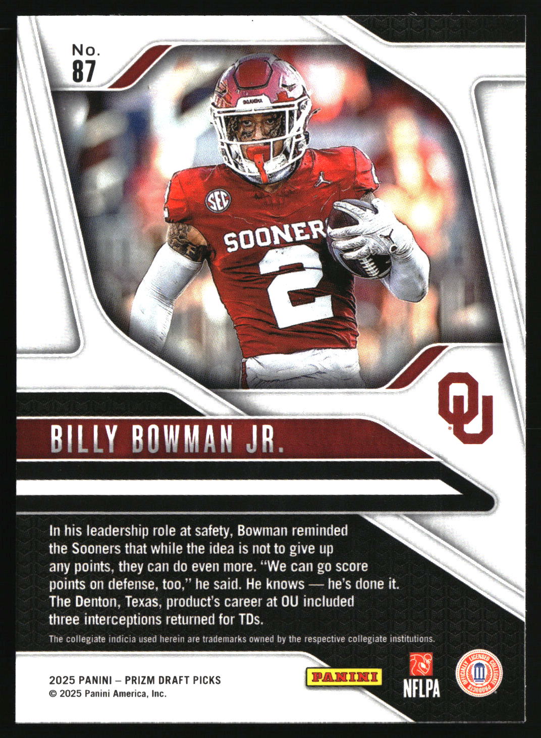 Billy Bowman Jr. 2025 Panini Prizm Draft Picks #87