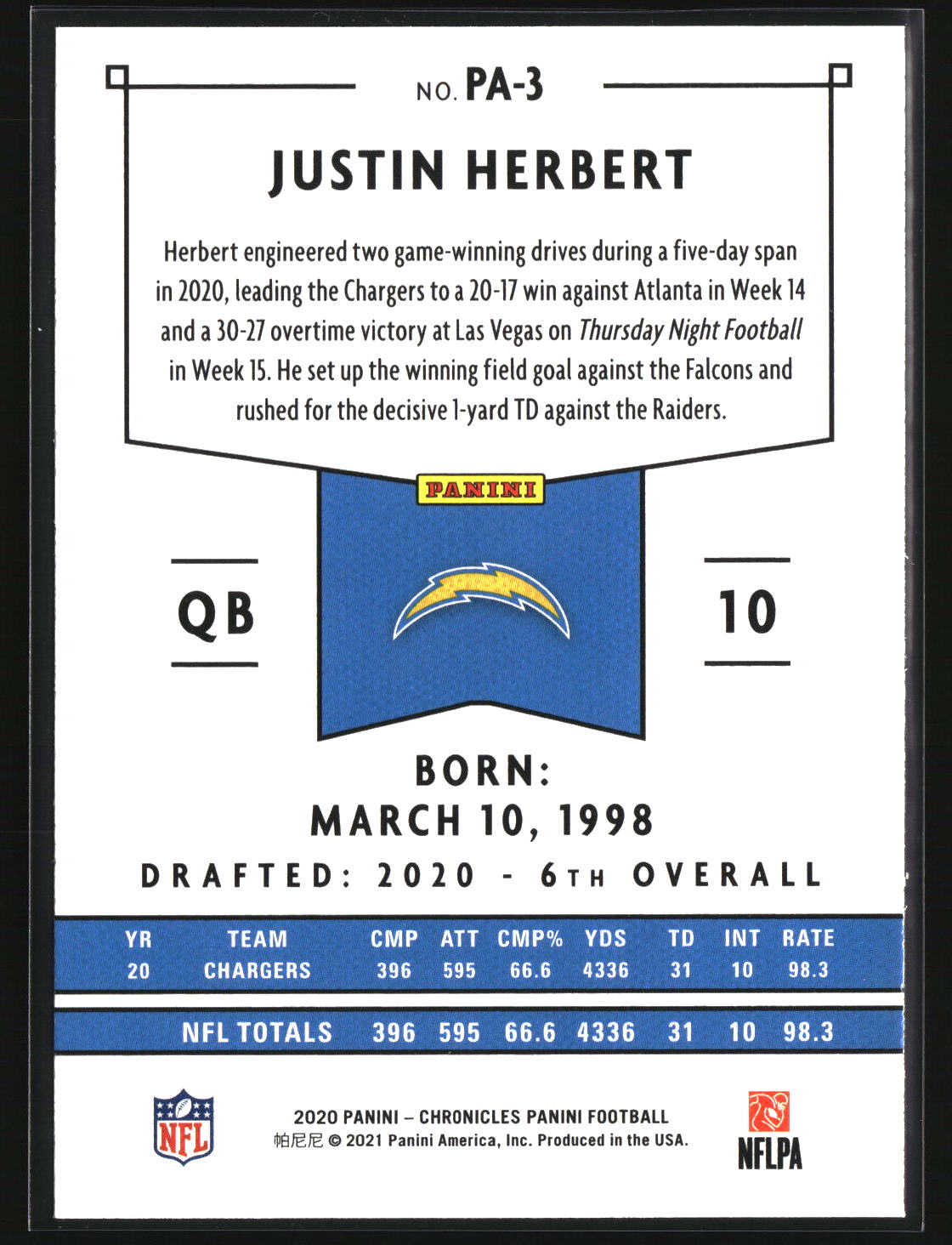 Justin Herbert 2020 Panini Chronicles Panini #PA-3