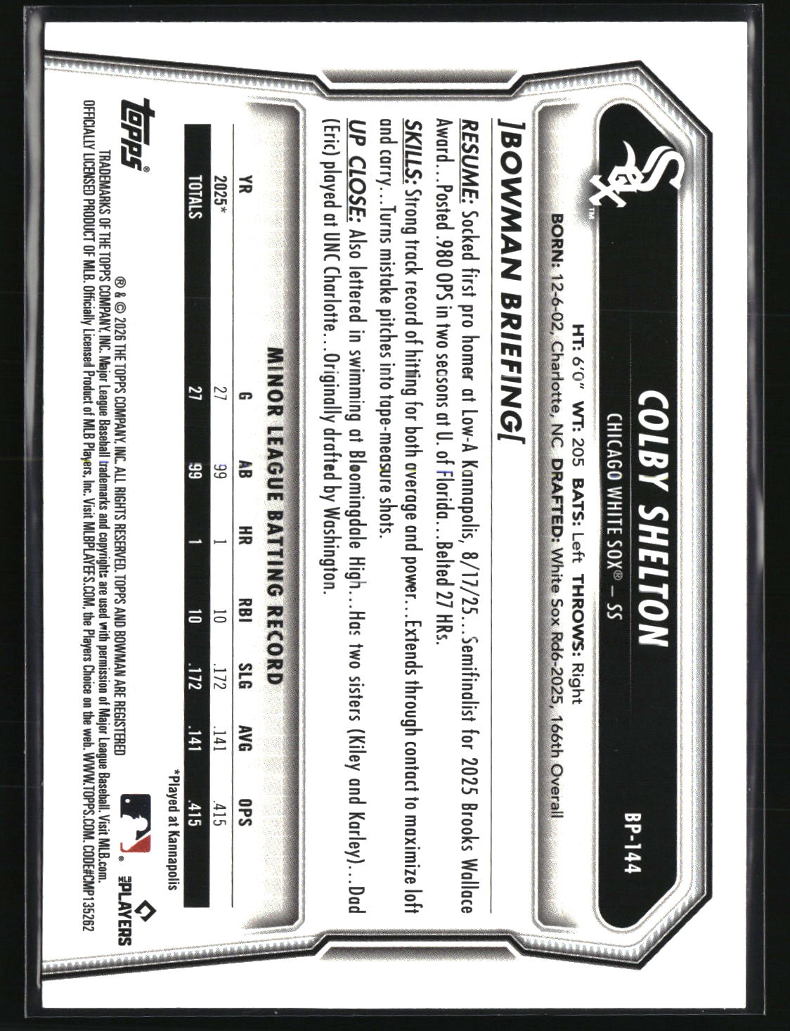 Colby Shelton 2026 Bowman Prospects #BP-144