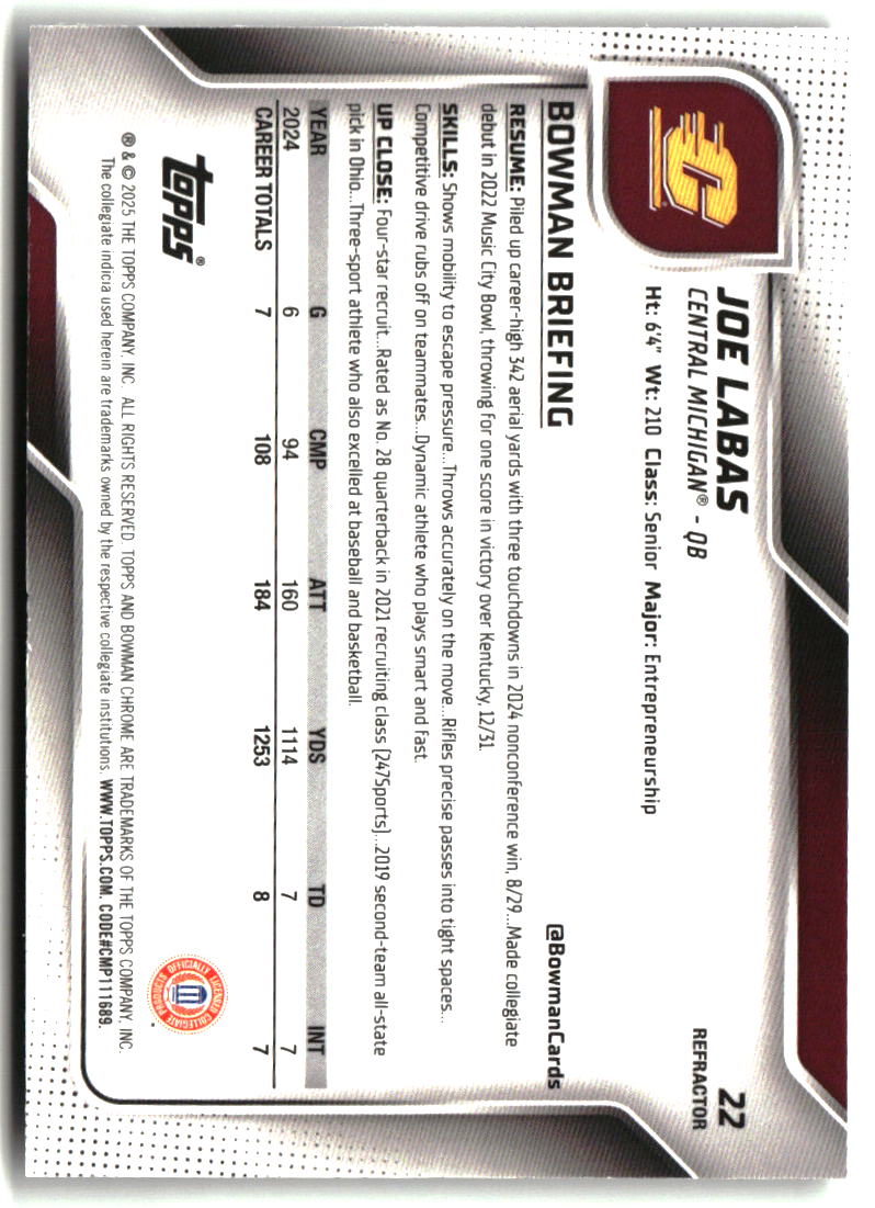Joe Labas 2025 Bowman University Chrome Refractor #22