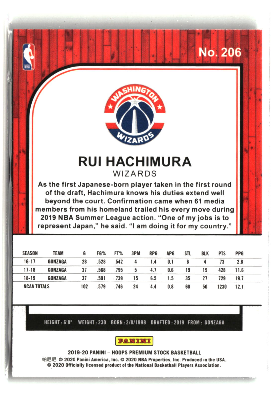 Rui Hachimura 2019-20 Hoops Premium Stock #206