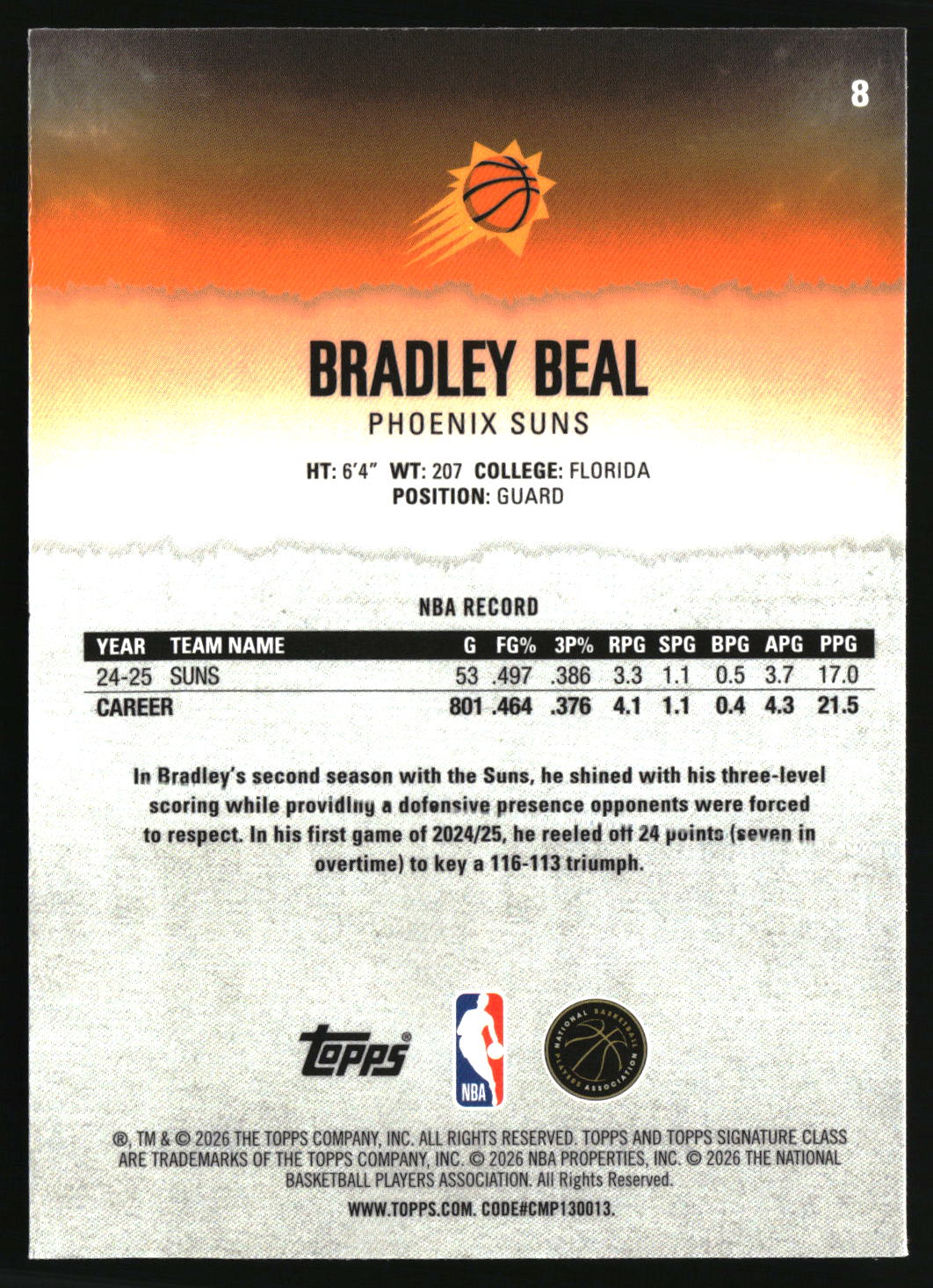 Bradley Beal 2025-26 Topps Signature Class Chrome #8