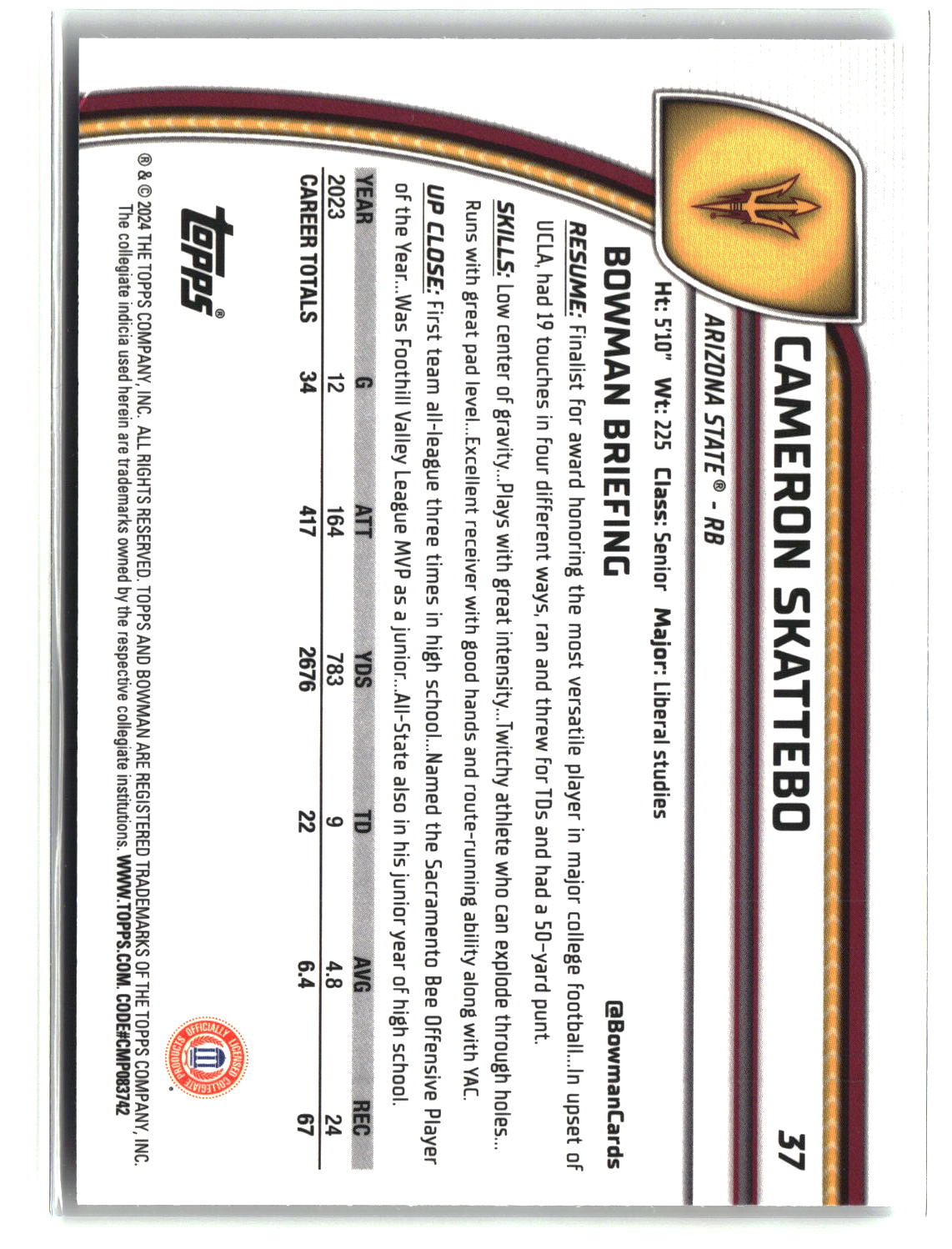 Cameron Skattebo 2024 Bowman University Chrome #37