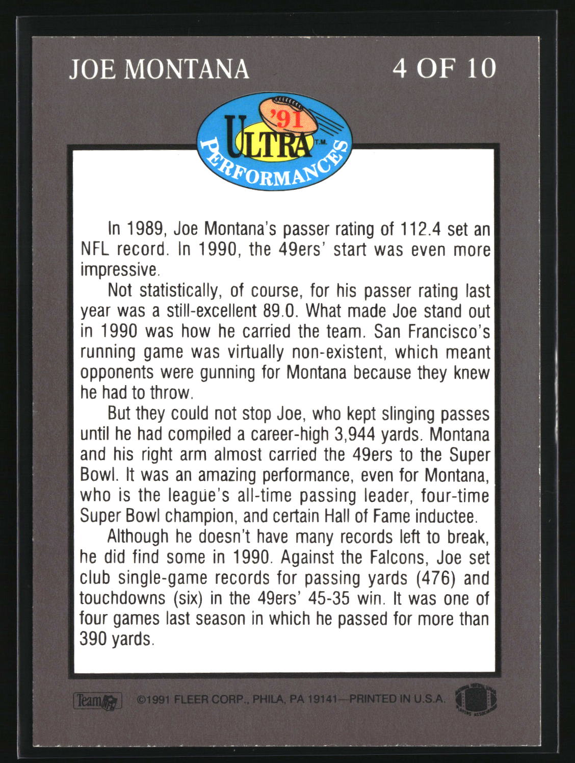 Joe Montana 1991 Ultra Ultra Performances #4