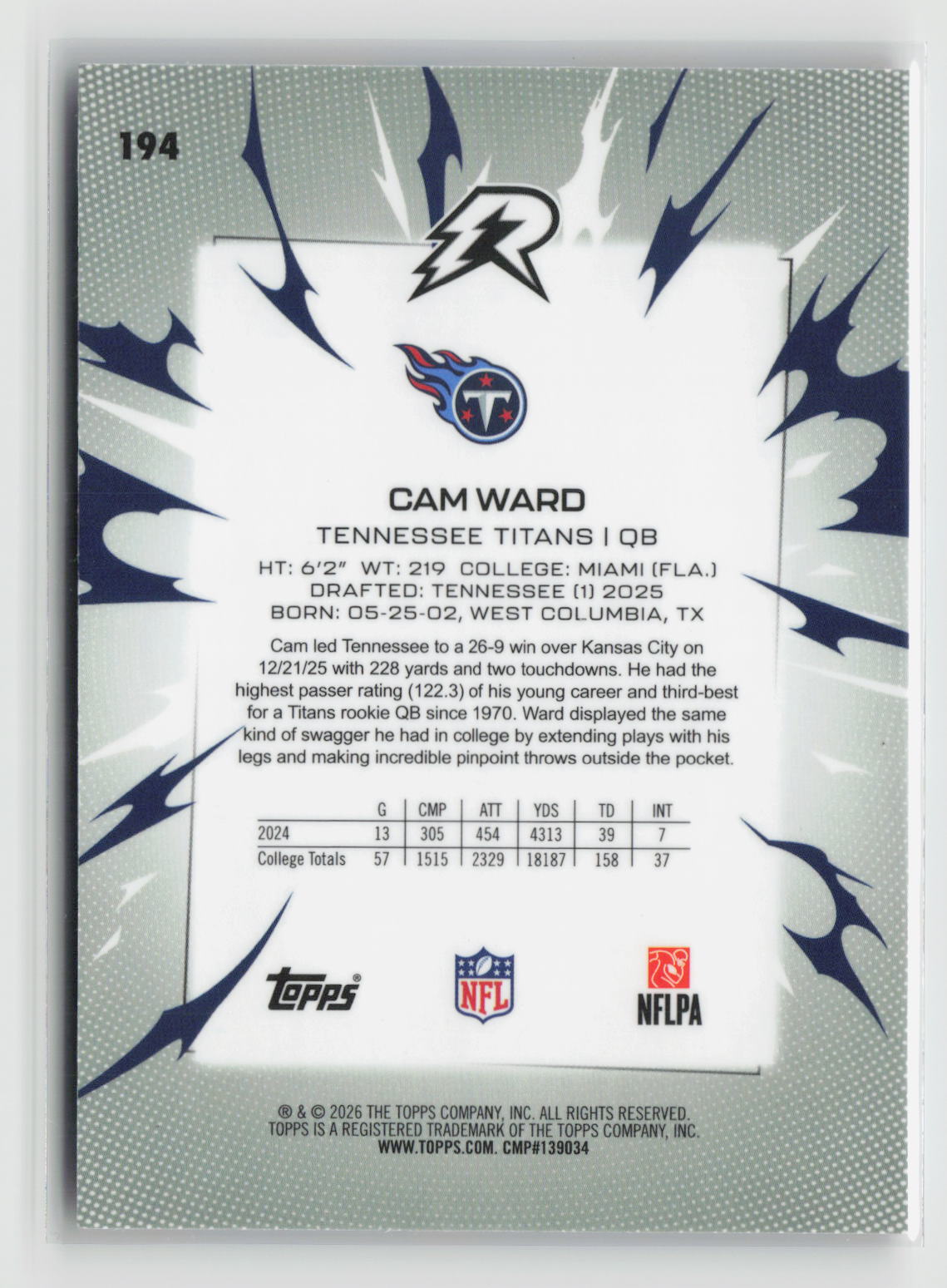 Cam Ward 2025 Topps Resurgence Blue & Orange Spark Refractor #194