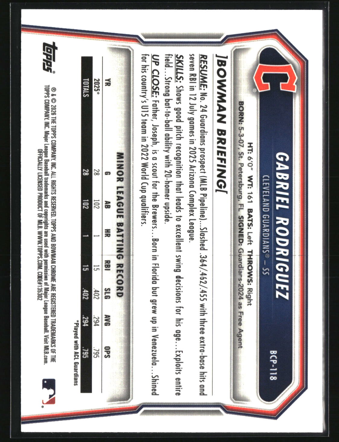 Gabriel Rodriguez 2026 Bowman Chrome Prospects #BCP-118
