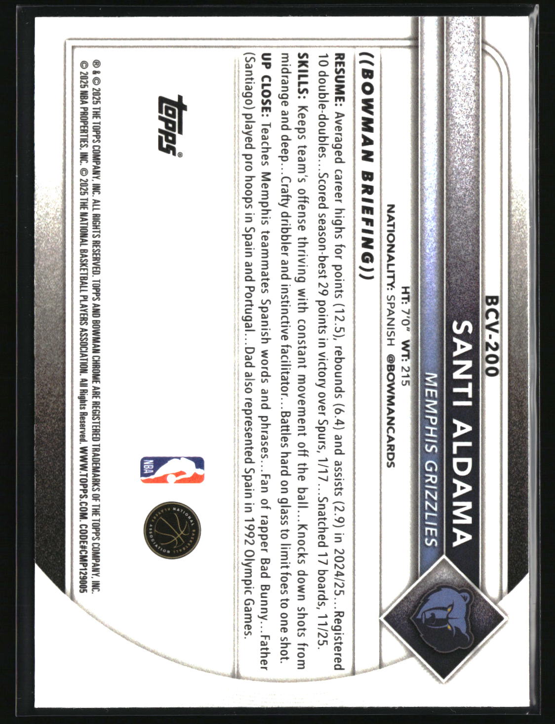 Santi Aldama 2025-26 Bowman Chrome Reptilian Refractor #BCV-200