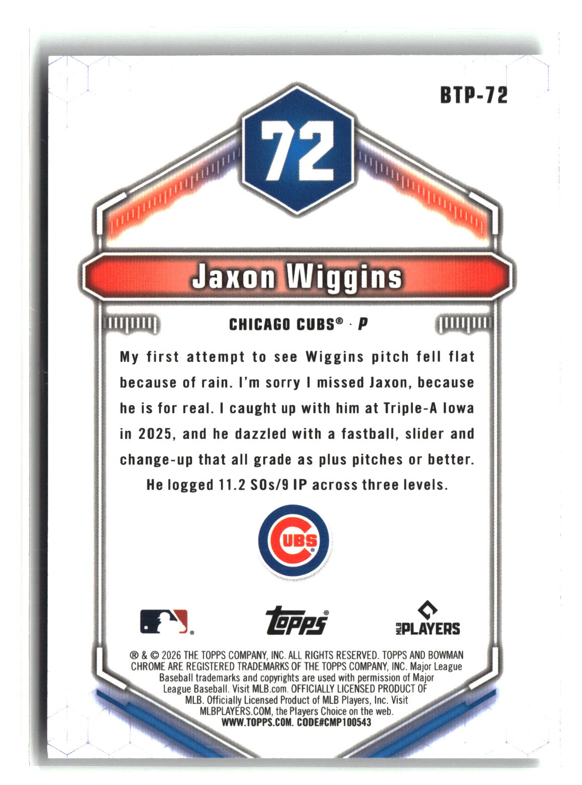 Jaxon Wiggins 2026 Bowman Bowman Scouts' Top 100 #BTP-72