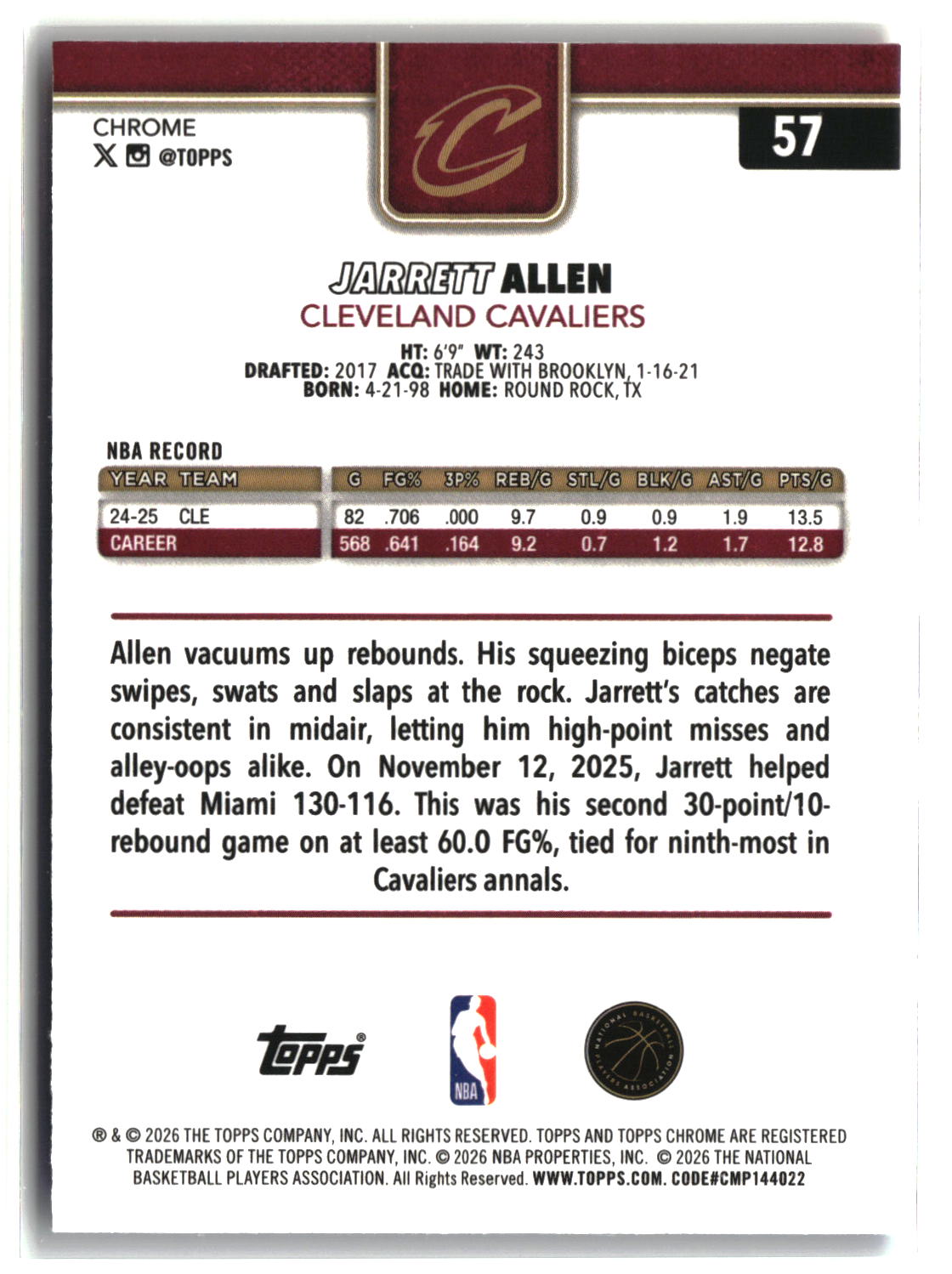 Jarrett Allen 2025-26 Topps Chrome Update Red White and Blue Refractor #57
