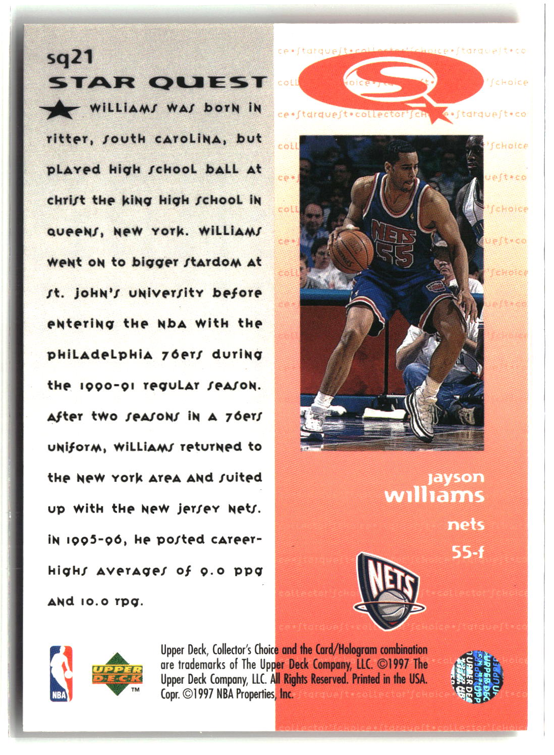 Jayson Williams 1997-98 Collector's Choice StarQuest #SQ21