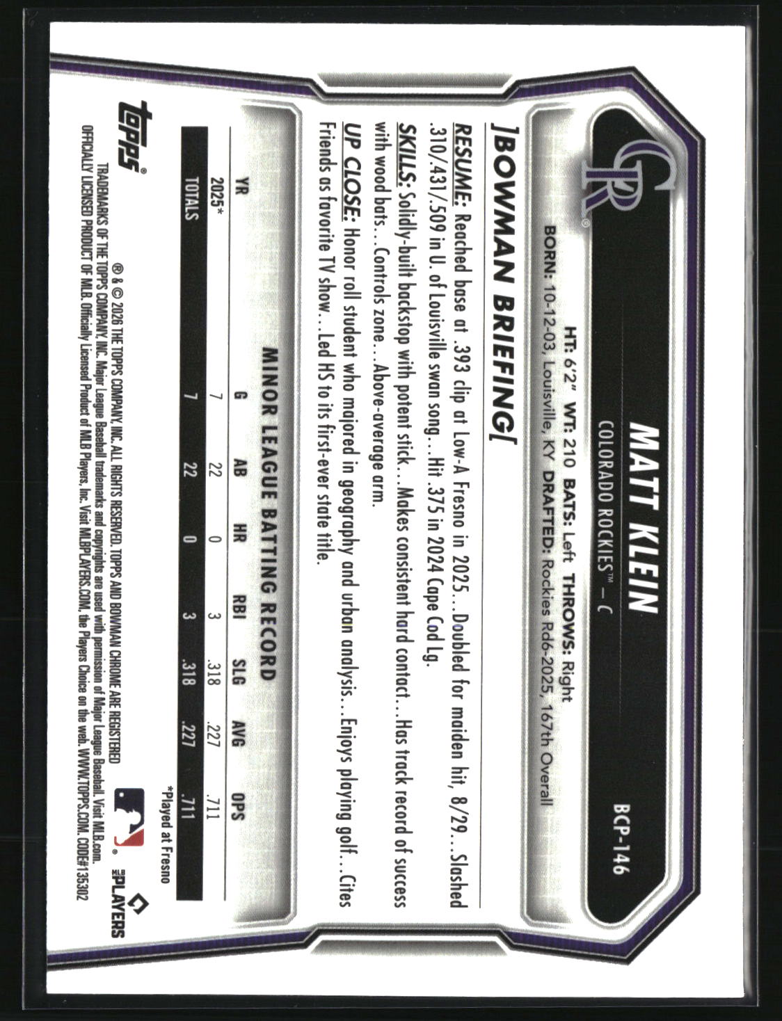 Matt Klein 2026 Bowman Chrome Prospects #BCP-146