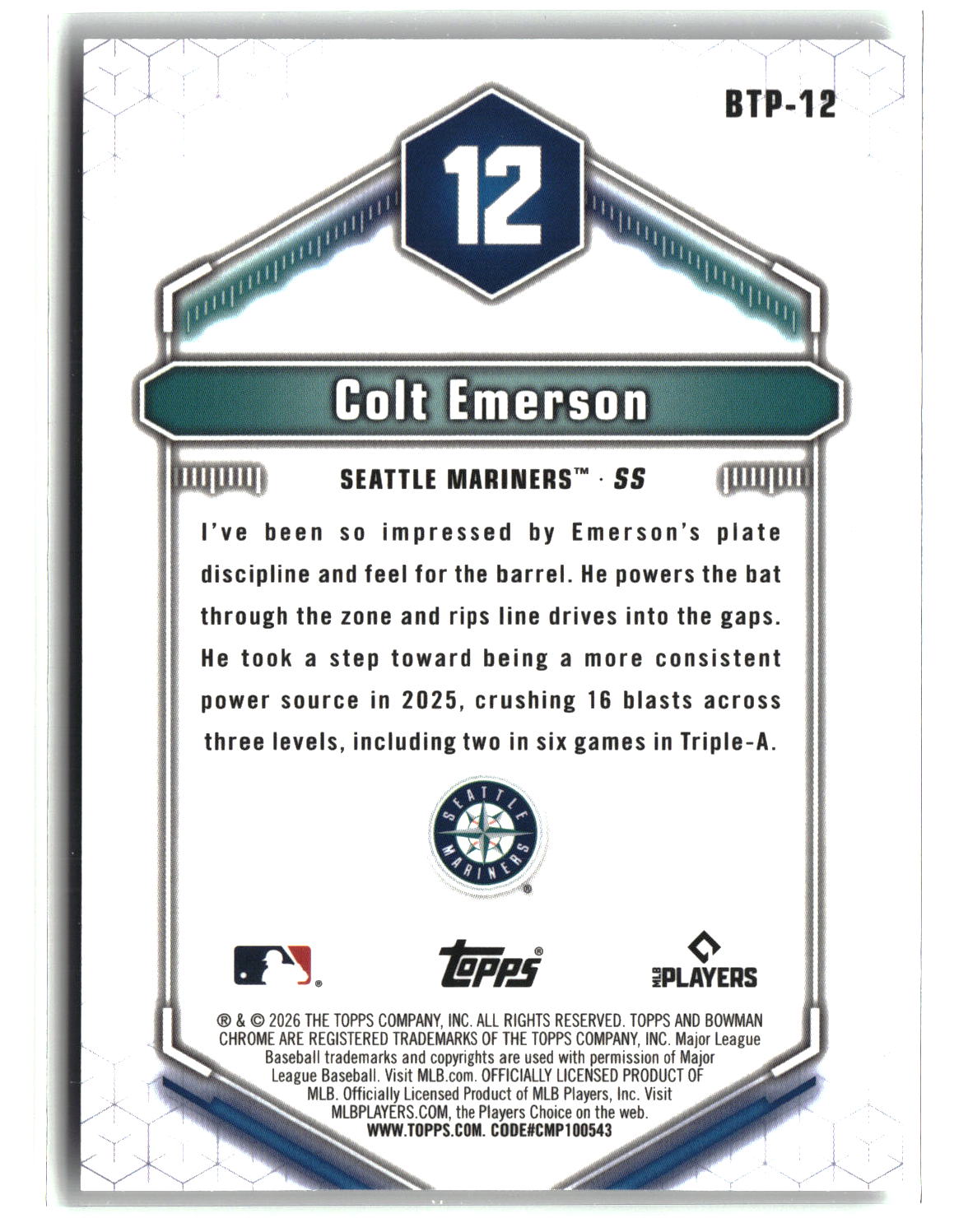 Colt Emerson 2026 Bowman Bowman Scouts' Top 100 #BTP-12