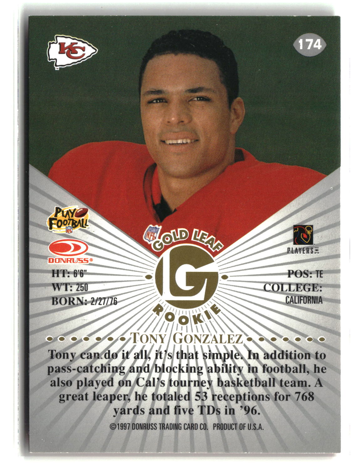 Tony Gonzalez 1997 Leaf #174