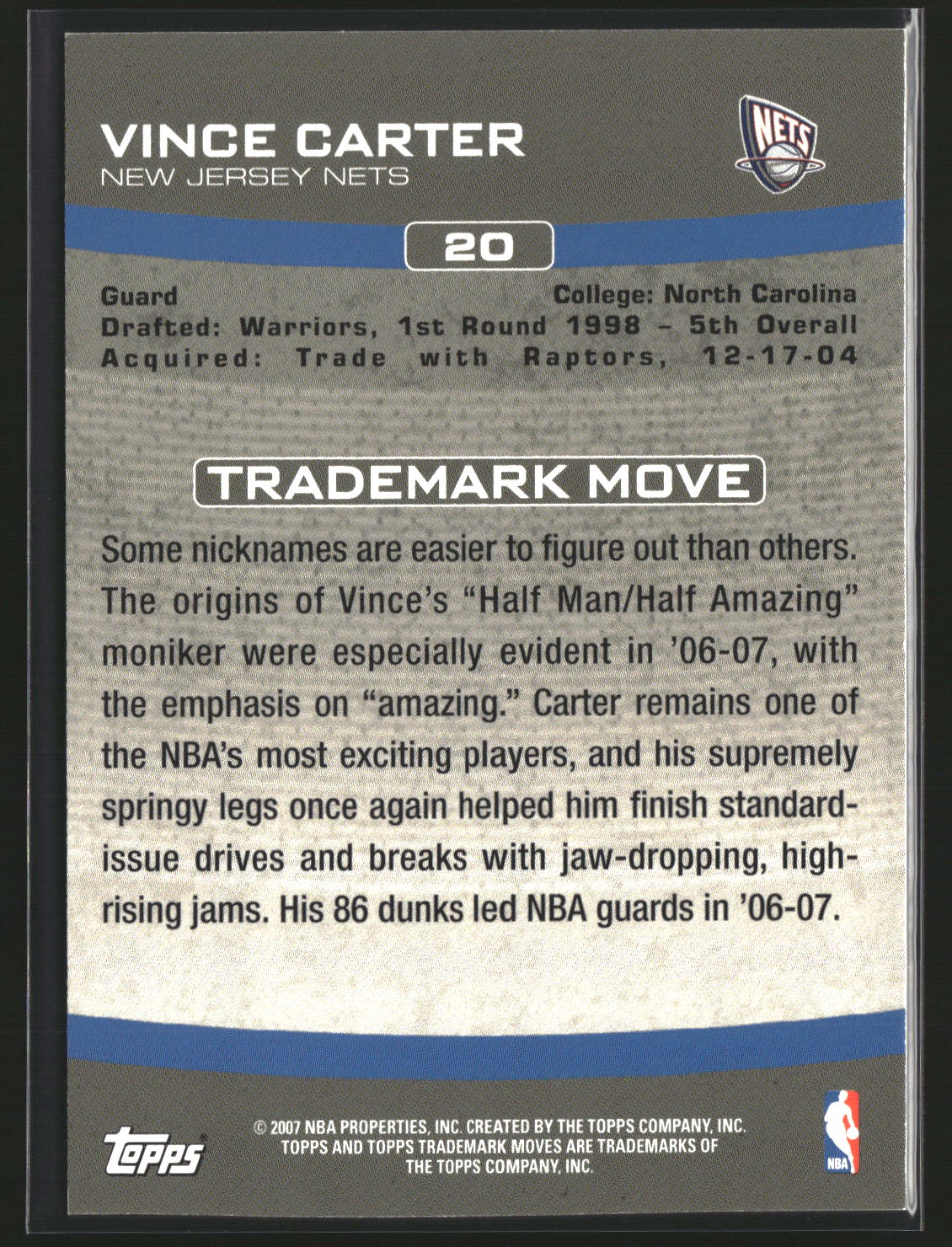 Vince Carter 2007-08 Topps Trademark Moves Orange #20 #/399