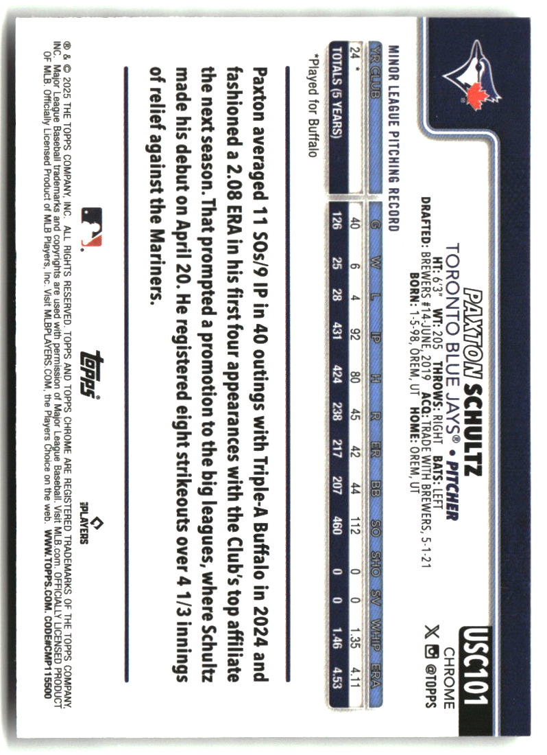 Paxton Schultz 2025 Topps Chrome Update X-Fractors #USC101