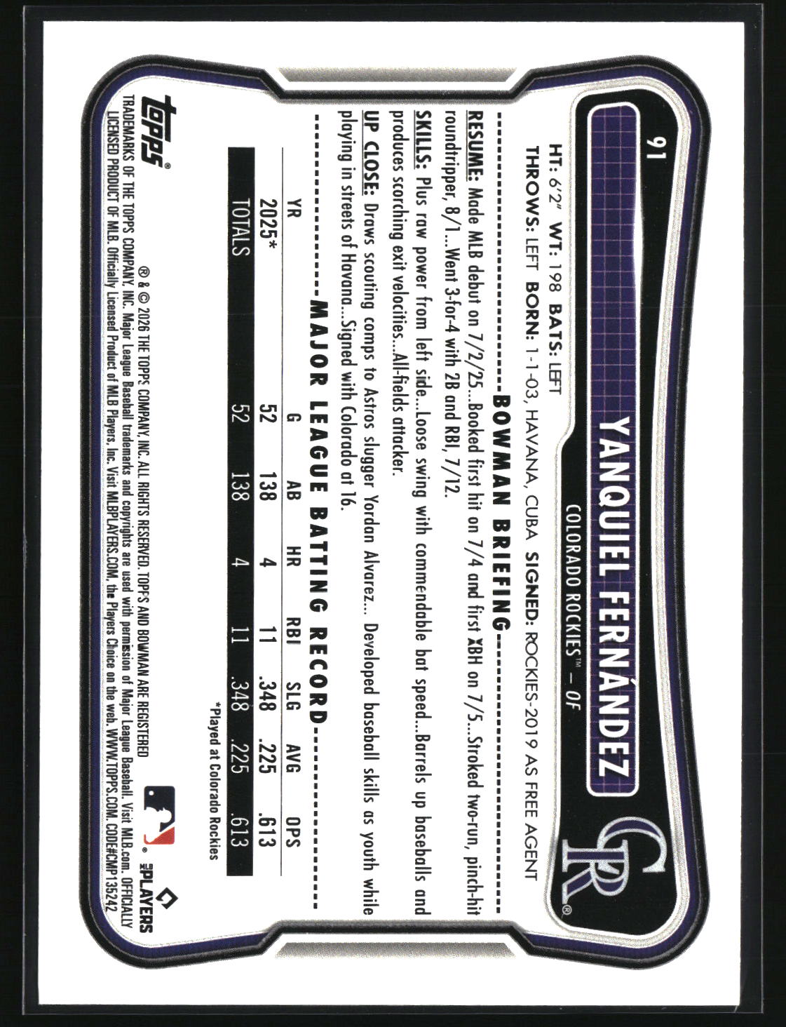 Yanquiel Fern�ndez 2026 Bowman #91