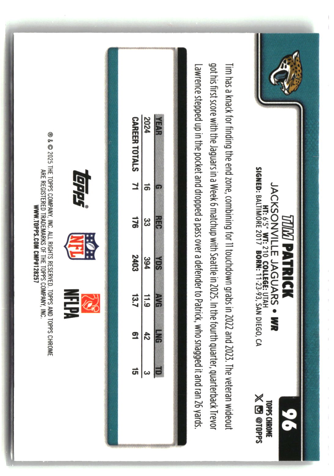 Tim Patrick 2025 Topps Chrome Prism Refractor #96