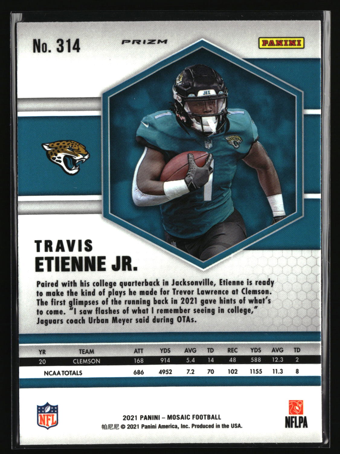 Travis Etienne Jr. 2021 Panini Mosaic Prizm Reactive Yellow #314