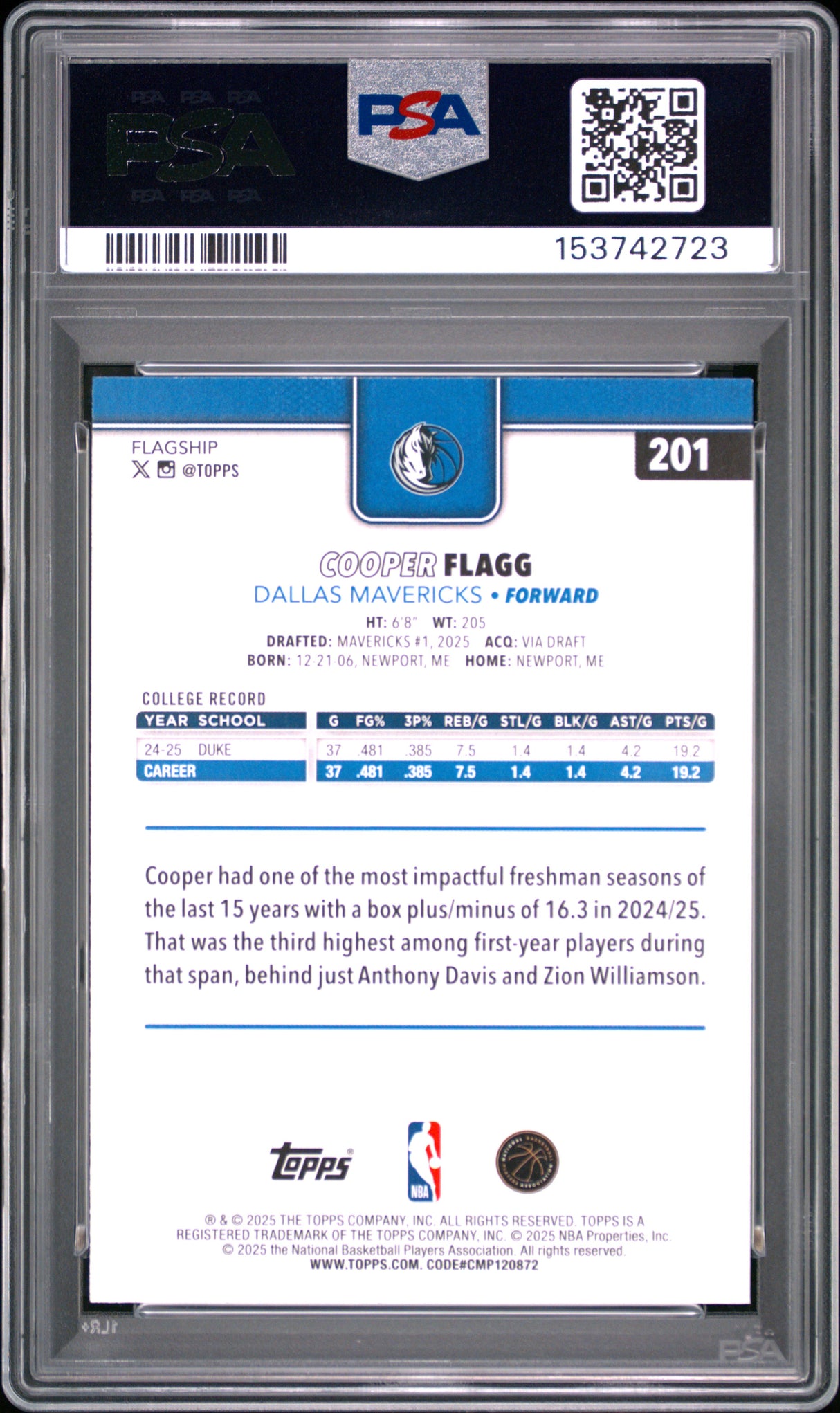Cooper Flagg 2025 Topps #201 PSA 8